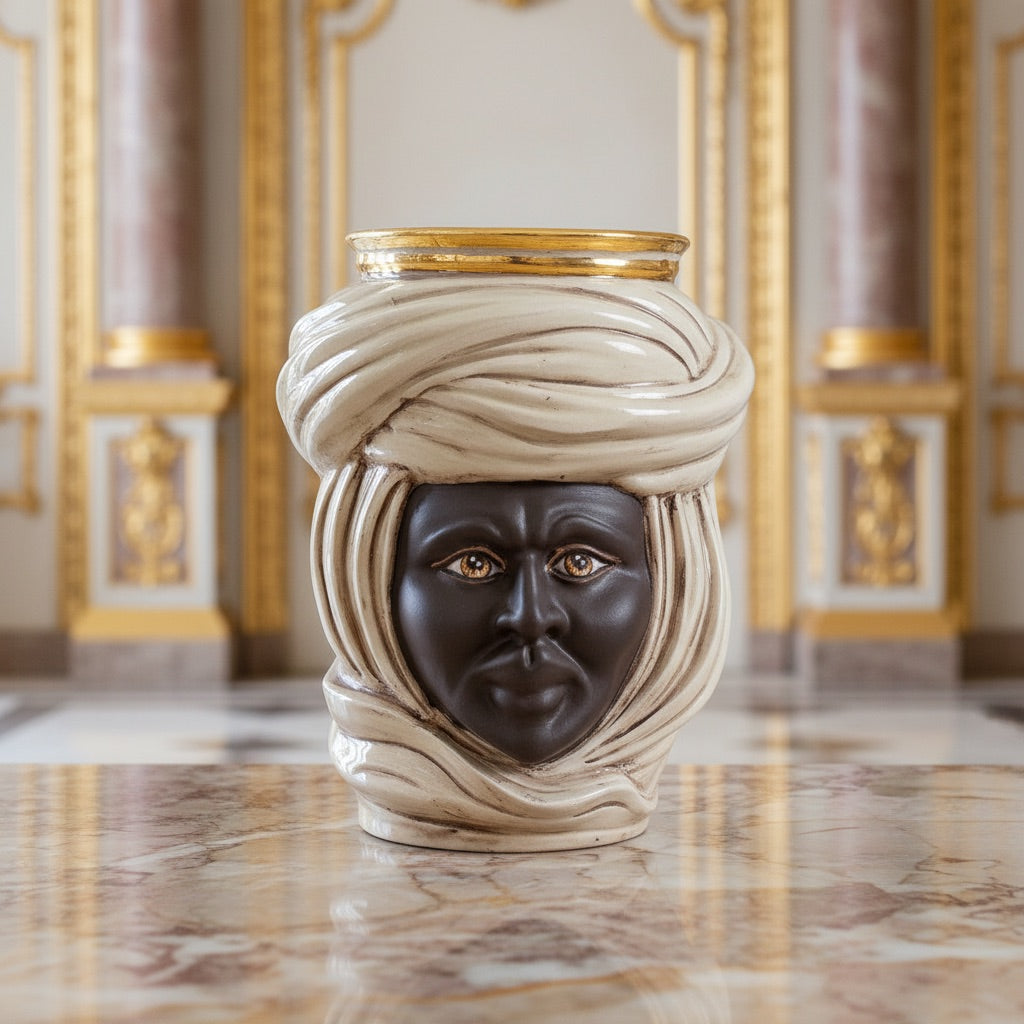 Cabeza Tuareg H 20 cm, Hombre, Madreperla – Testa di Moro de Caltagirone, Sicilia