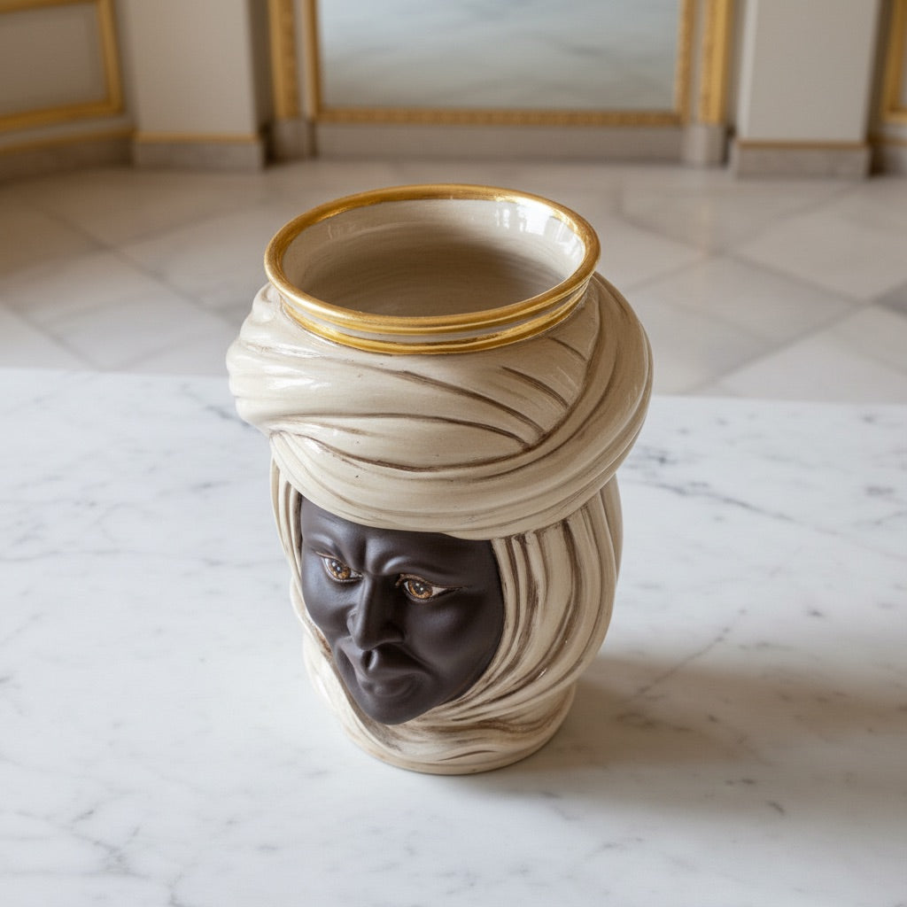 Cabeza Tuareg H 20 cm, Hombre, Madreperla – Testa di Moro de Caltagirone, Sicilia