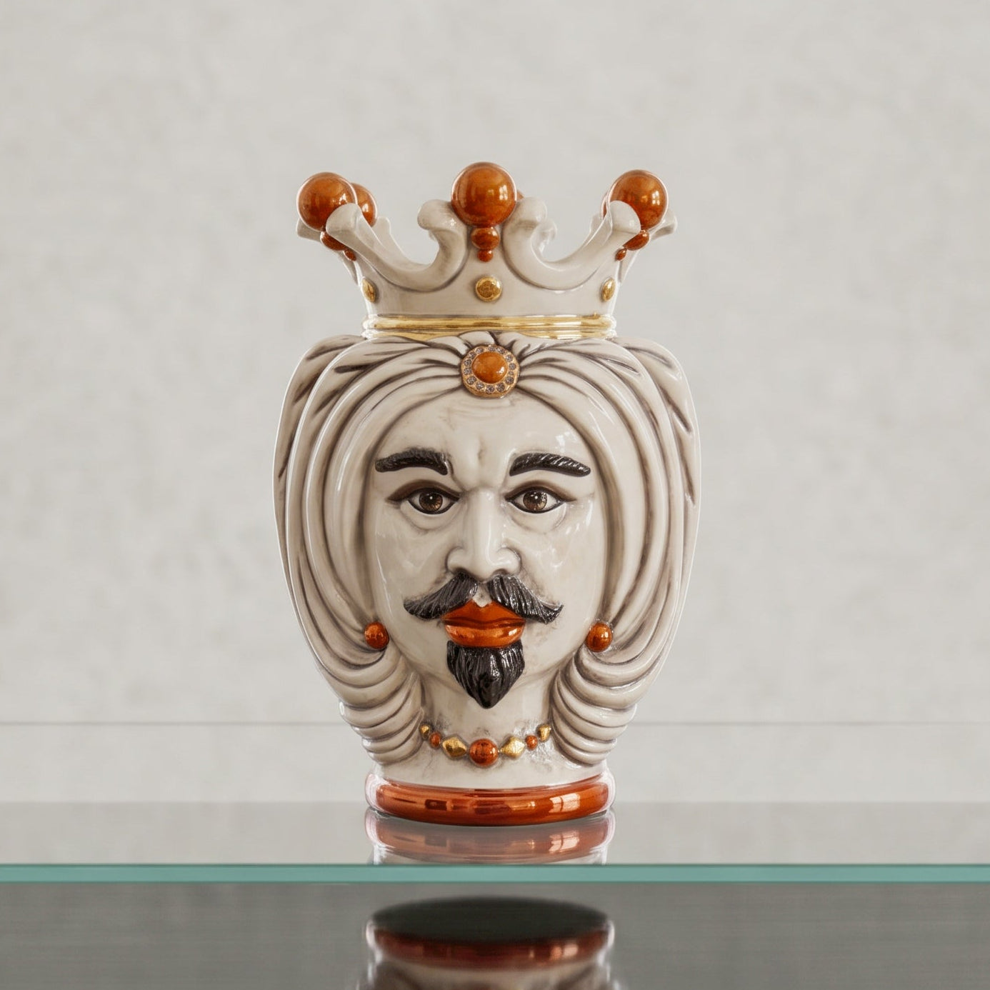 Moro-Kopf-Vase mit Turban H 25 cm, Weißer Mann, Perlmutt – Testa di Moro aus Caltagirone, Sizilien
