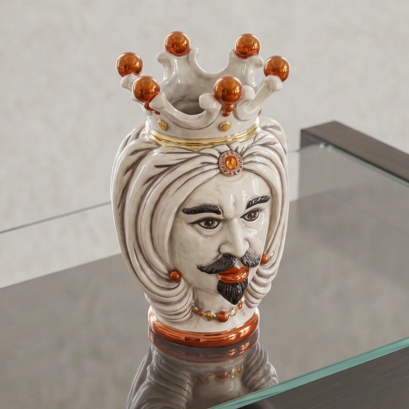 Tête de Maure Sicilienne H 25 cm avec Turban – Homme Blanc, Madreperla – Tête de Maure de Caltagirone, Sicile