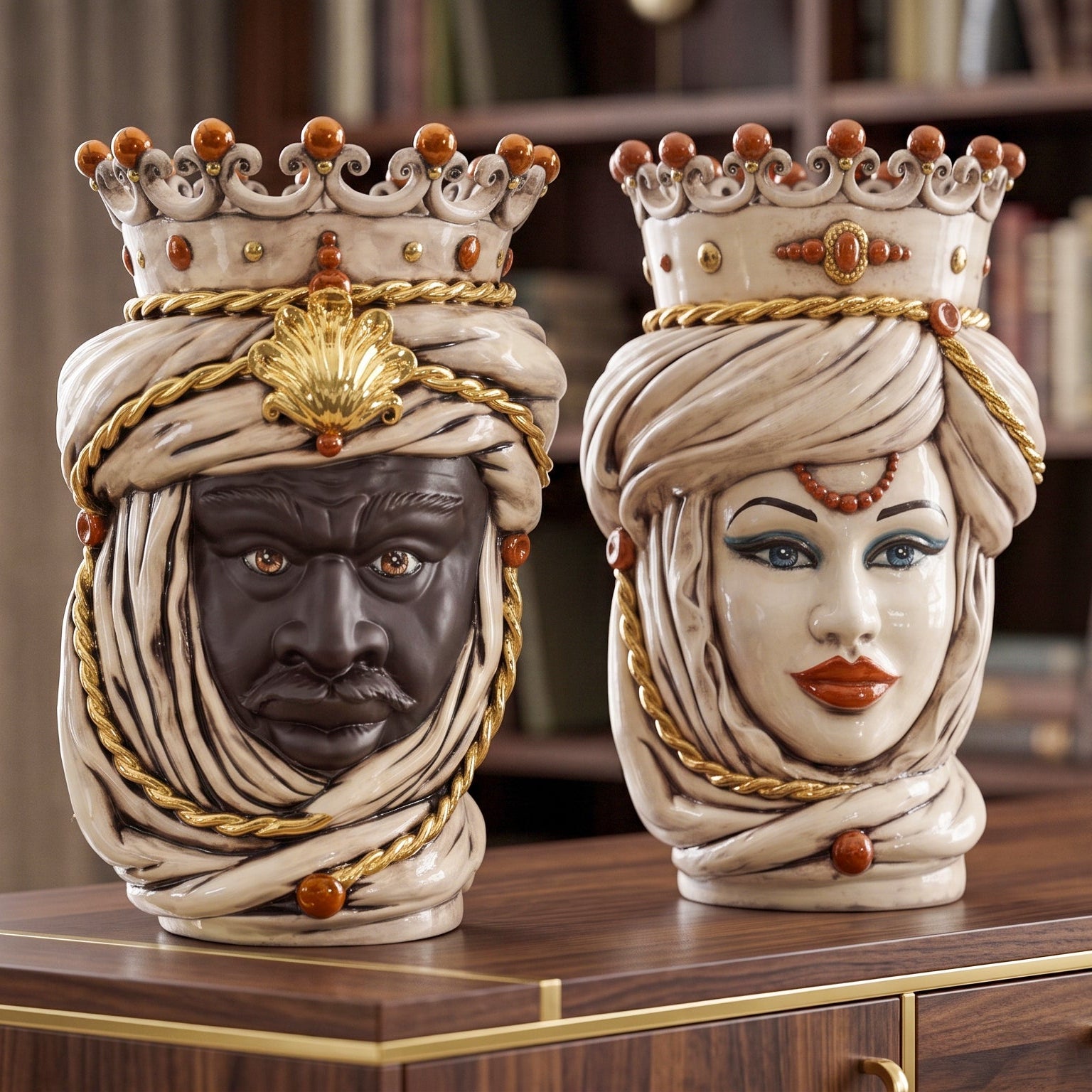 Tête de Maure Sicilienne H 48 cm – Femme, Nacre Antique Or – Testa di Moro de Caltagirone, Sicile