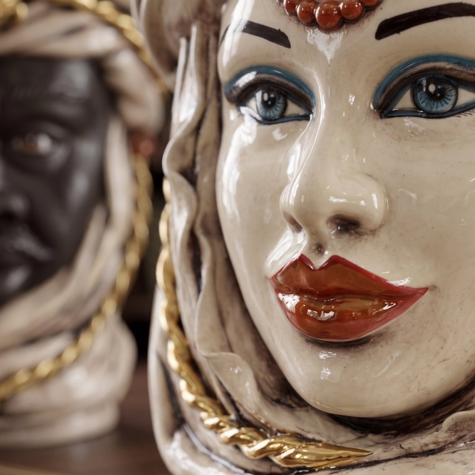 Tête de Maure Sicilienne H 48 cm – Femme, Nacre Antique Or – Testa di Moro de Caltagirone, Sicile