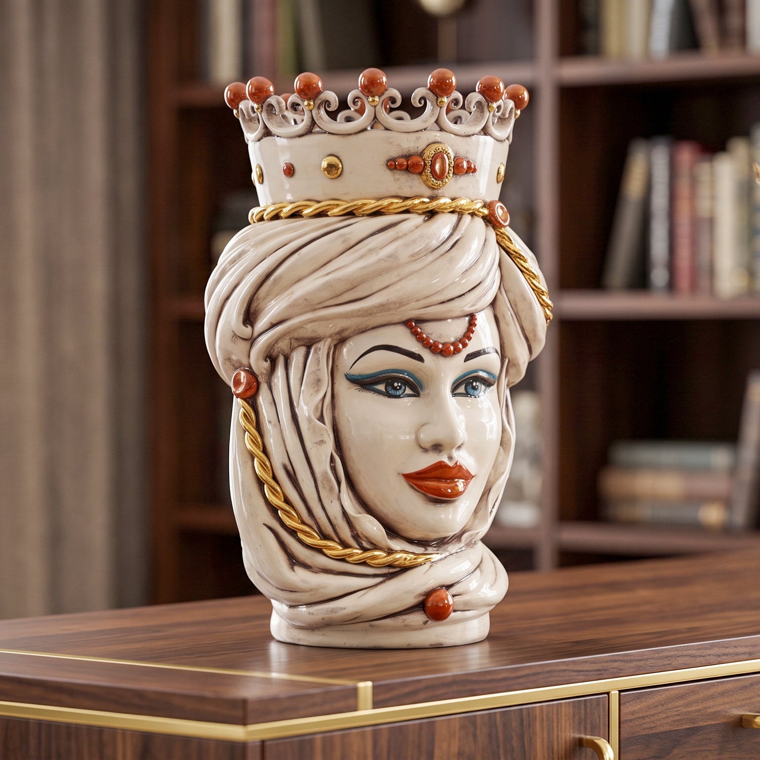 Tête de Maure Sicilienne H 48 cm – Femme, Nacre Antique Or – Testa di Moro de Caltagirone, Sicile