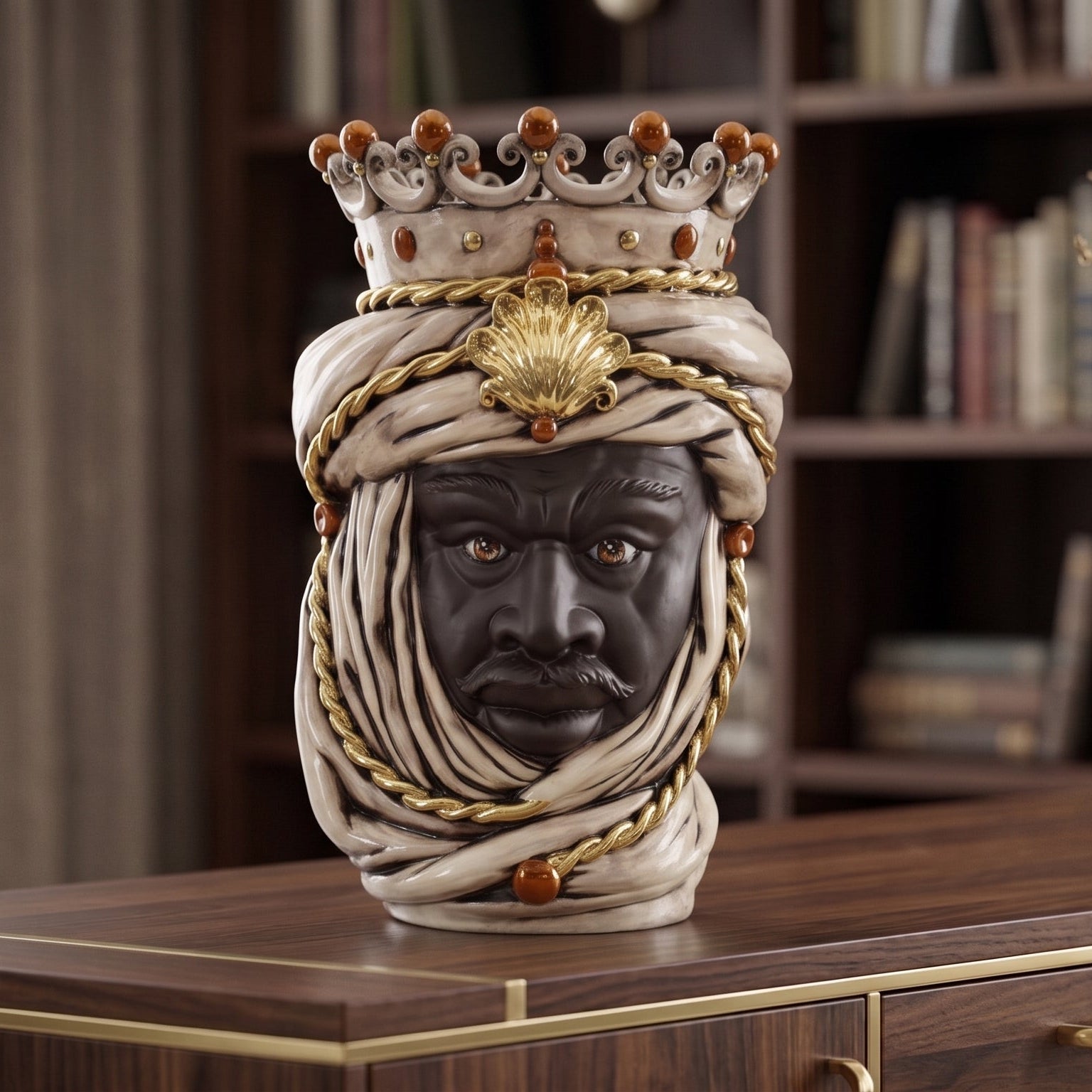 Sicilian Head Vase H 48 cm / 18.9", Moro Man, Antique Mother of Pearl Gold – Testa di Moro from Caltagirone, Sicily