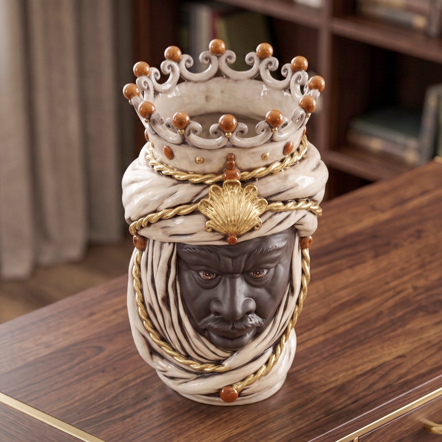 Sicilian Head Vase H 48 cm / 18.9", Moro Man, Antique Mother of Pearl Gold – Testa di Moro from Caltagirone, Sicily