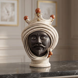 Tête de Maure Sicilienne aux Perles H 30 cm – Maure Mat, Nacre Antique Or et Lustres – Testa di Moro de Caltagirone, Sicile