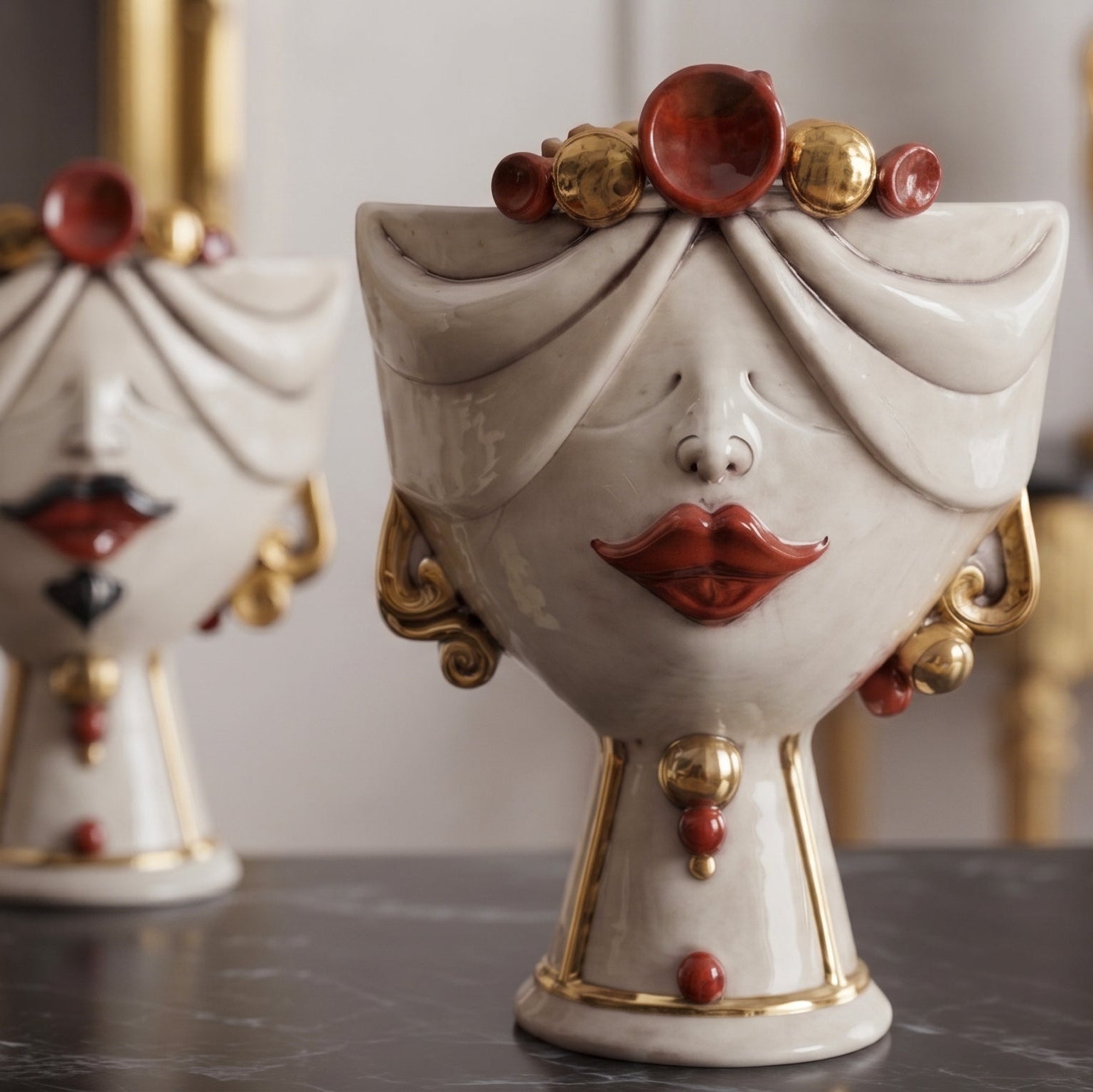 Tête de Maure Zahira H 30 cm – Female, Mother Of Pearl & 24K Gold, H 30 Cm – Testa di Moro de Caltagirone, Sicile