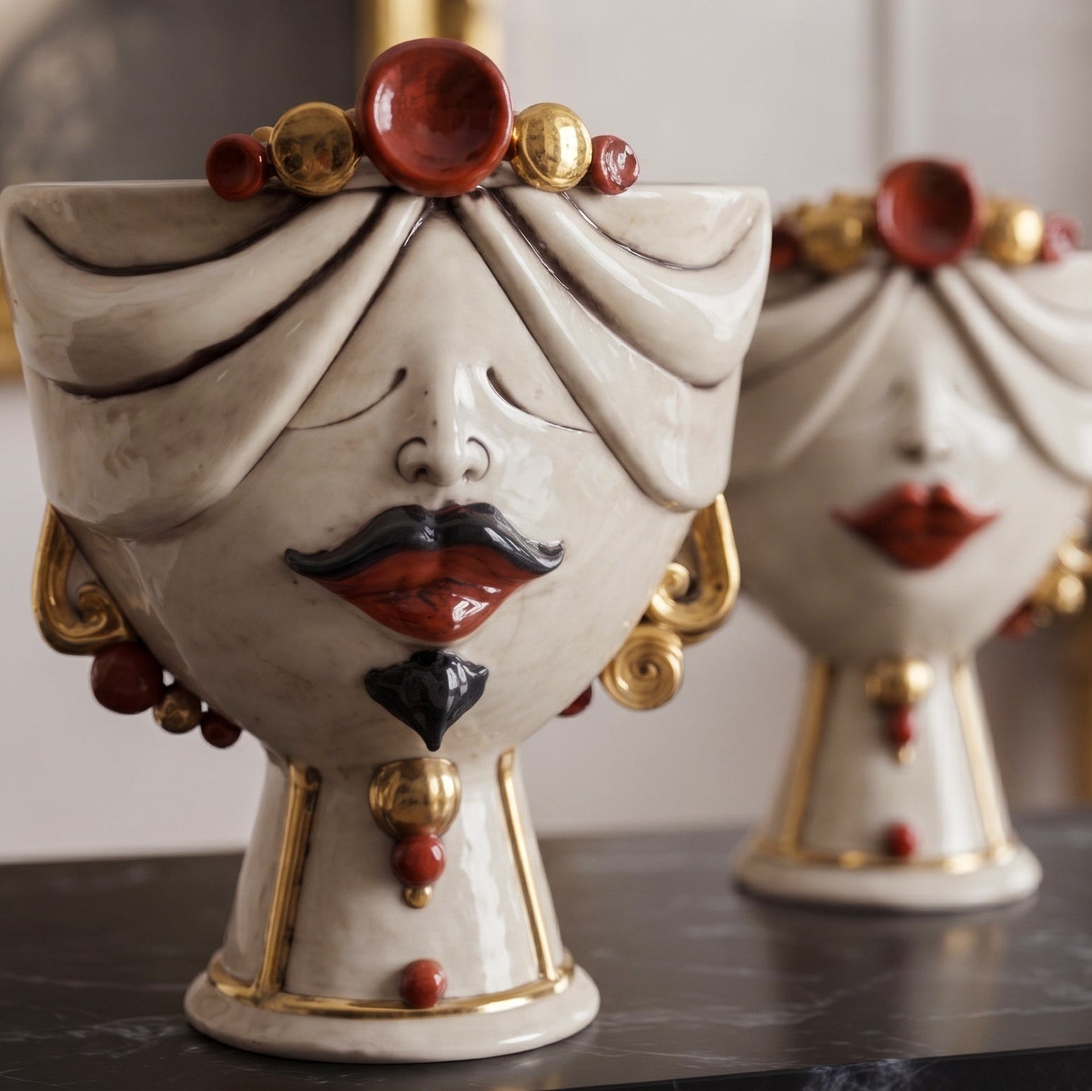 Tête de Maure Zahira H 30 cm – Male, Mother Of Pearl & 24K Gold, H 30 Cm – Tête de Maure de Caltagirone, Sicile