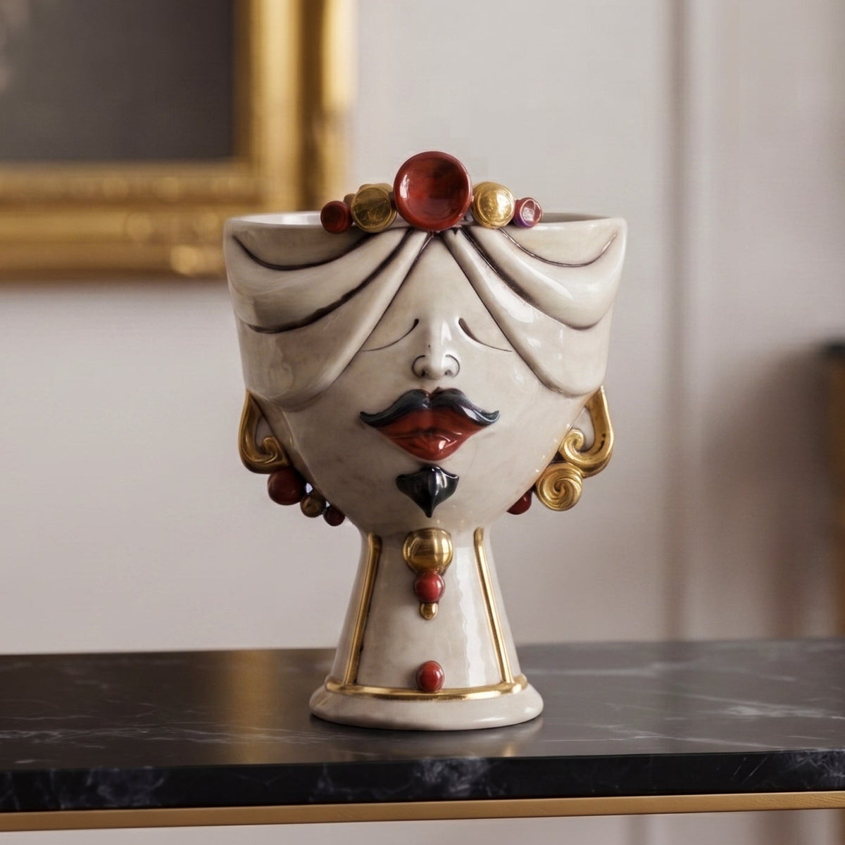 Tête de Maure Zahira H 30 cm – Male, Mother Of Pearl & 24K Gold, H 30 Cm – Tête de Maure de Caltagirone, Sicile