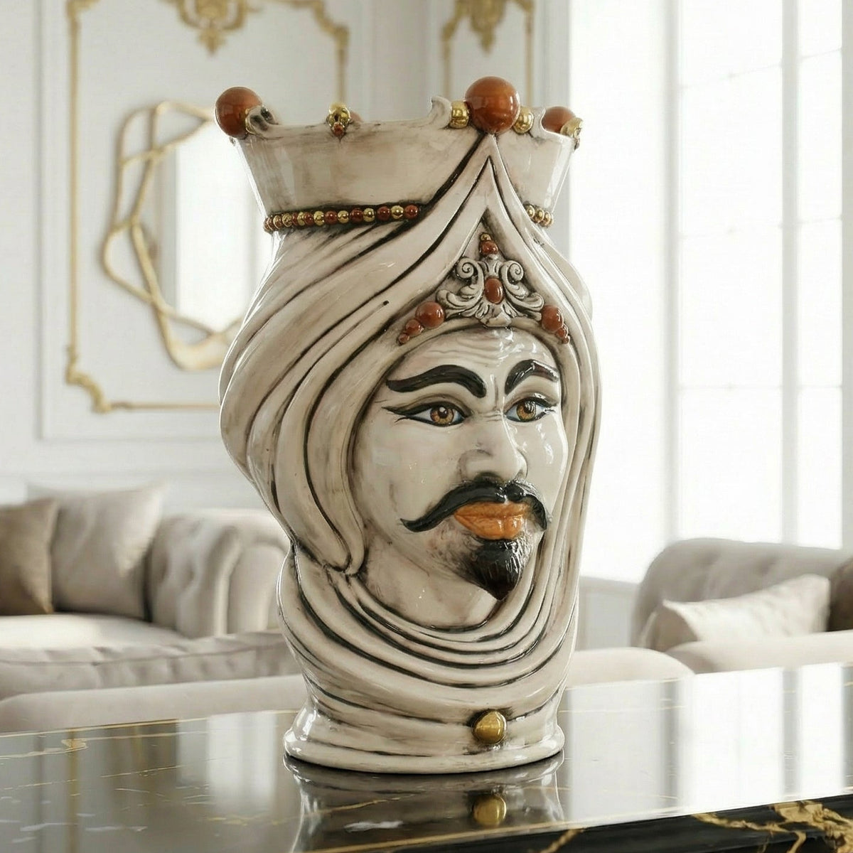 Testa di Moro con Turbante h 45 cm - Maschio Bianco, Madreperla Antichizzato Oro e Lustri (Copia)