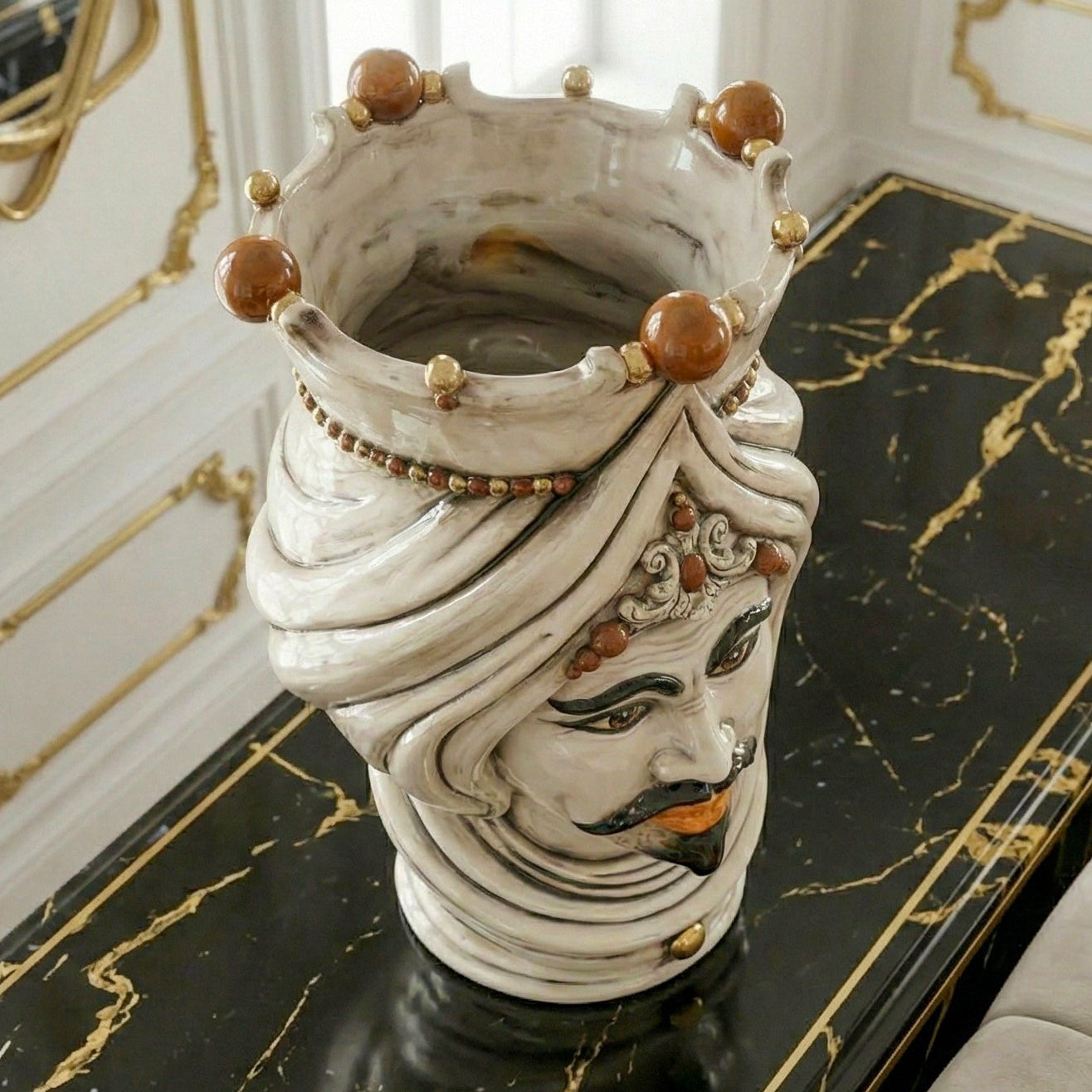 Testa di Moro con Turbante h 45 cm - Maschio Bianco, Madreperla Antichizzato Oro e Lustri (Copia)
