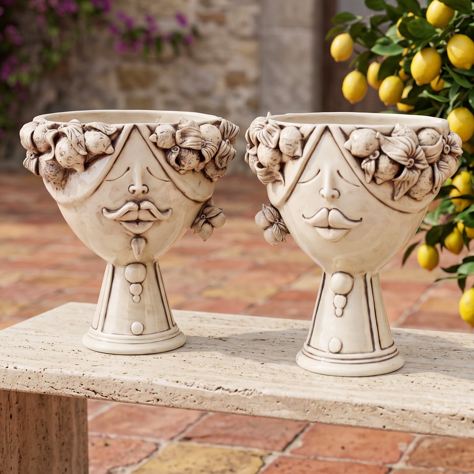 Tête de Maure Zahira H 30 cm avec Citrons – Femme, Nacre Antique – Testa di Moro de Caltagirone, Sicile
