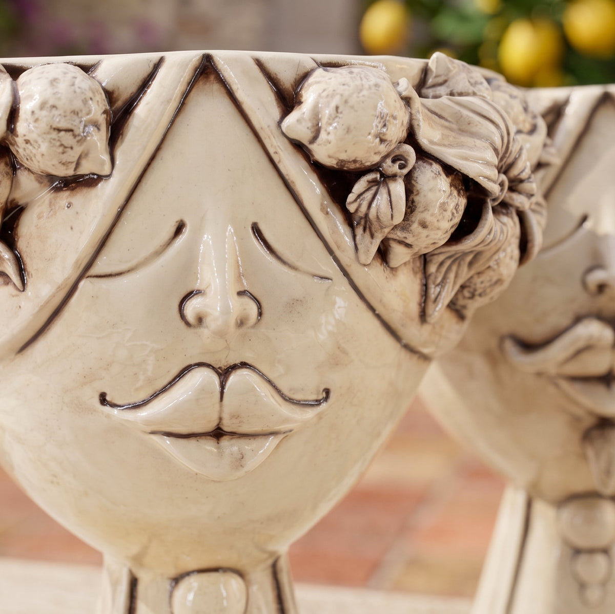 Zahira Sicilian Head Vase with Lemons H 30 cm / 11.8", Woman, Antique Mother of Pearl – Testa di Moro from Caltagirone, Sicily