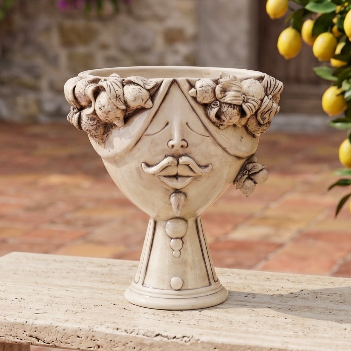 Tête de Maure Zahira H 30 cm avec Citrons – Homme, Nacre Antique – Tête de Maure de Caltagirone, Sicile