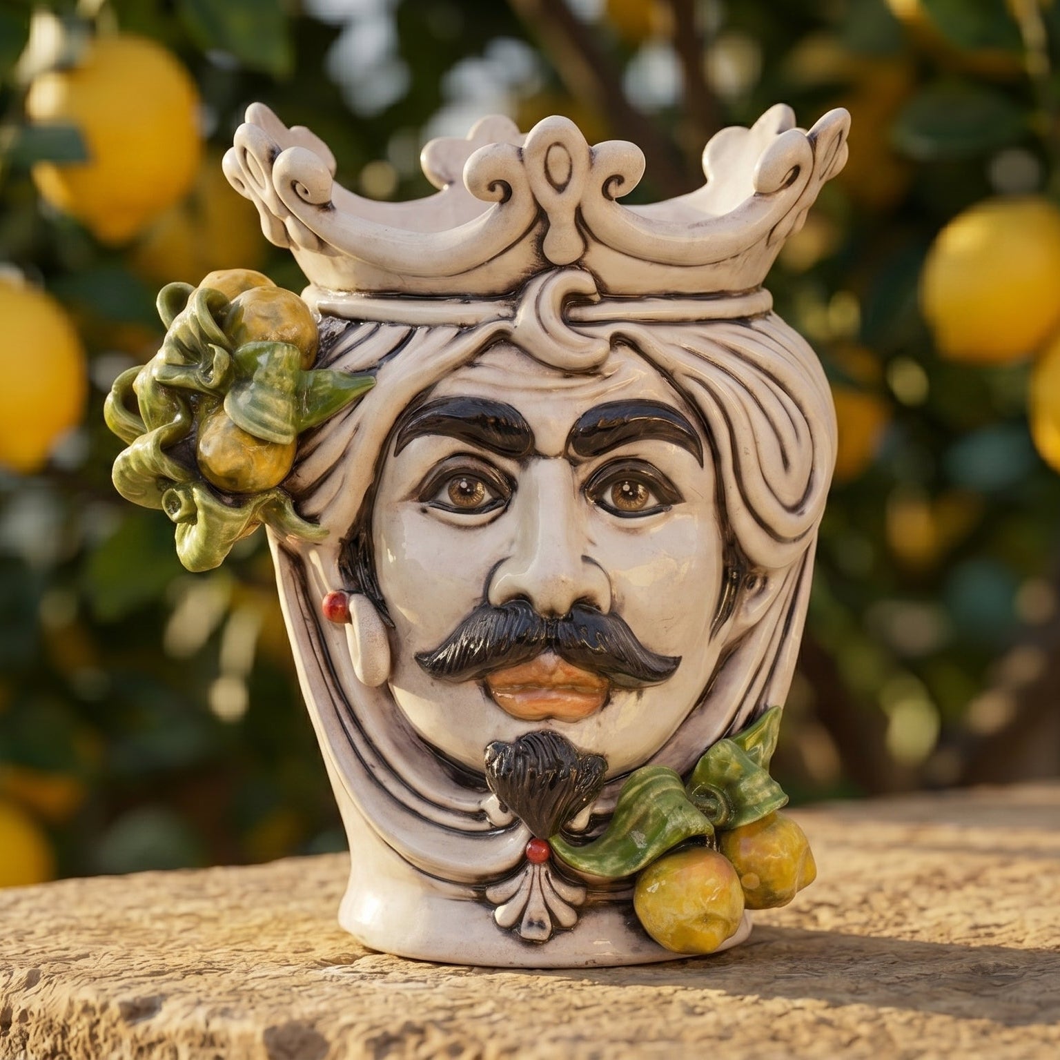 Sicilian Moor's Head with Lemons H 25 cm / 9.8", Man, Mother of Pearl – Testa di Moro from Caltagirone, Sicily