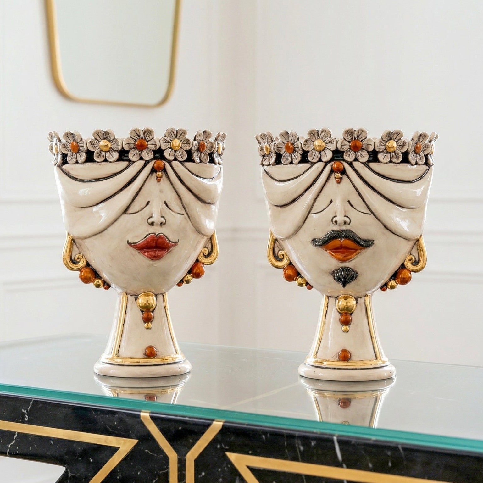 Zahira Moor's Head Woman with Flowers Mother of Pearl Antiqued with Gold and Lustres