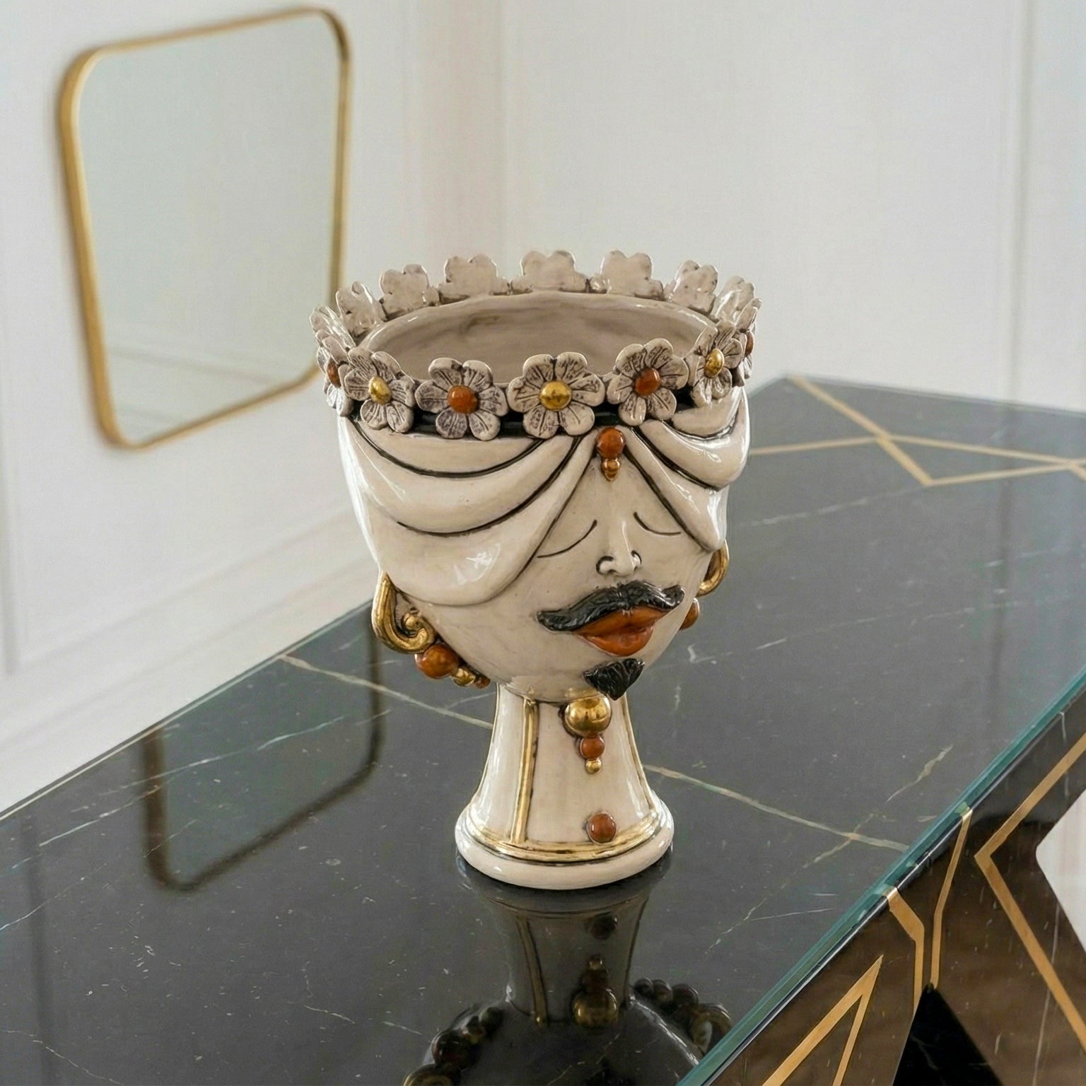 Zahira Man's Moor's Head with Flowers Mother of Pearl Antiqued with Gold and Lustres