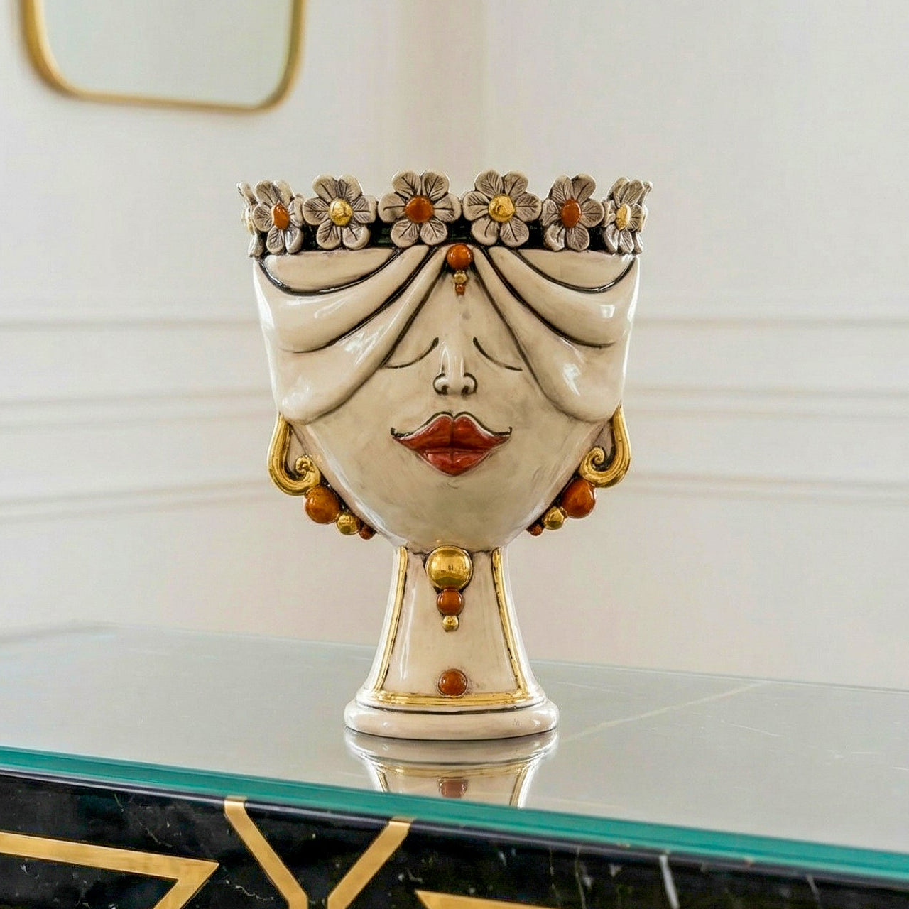 Zahira Moor's Head Woman with Flowers Mother of Pearl Antiqued with Gold and Lustres