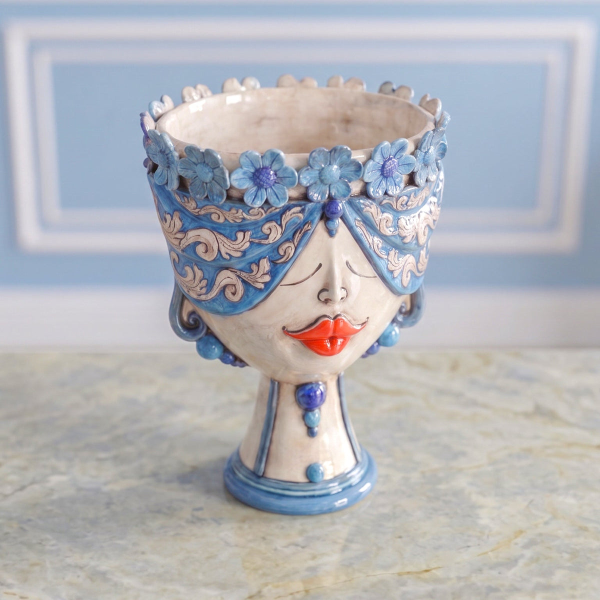 Sicilian Head Vase with Flowers H 30 cm / 11.8", Woman, Antique Mother of Pearl – Testa di Moro from Caltagirone, Sicily