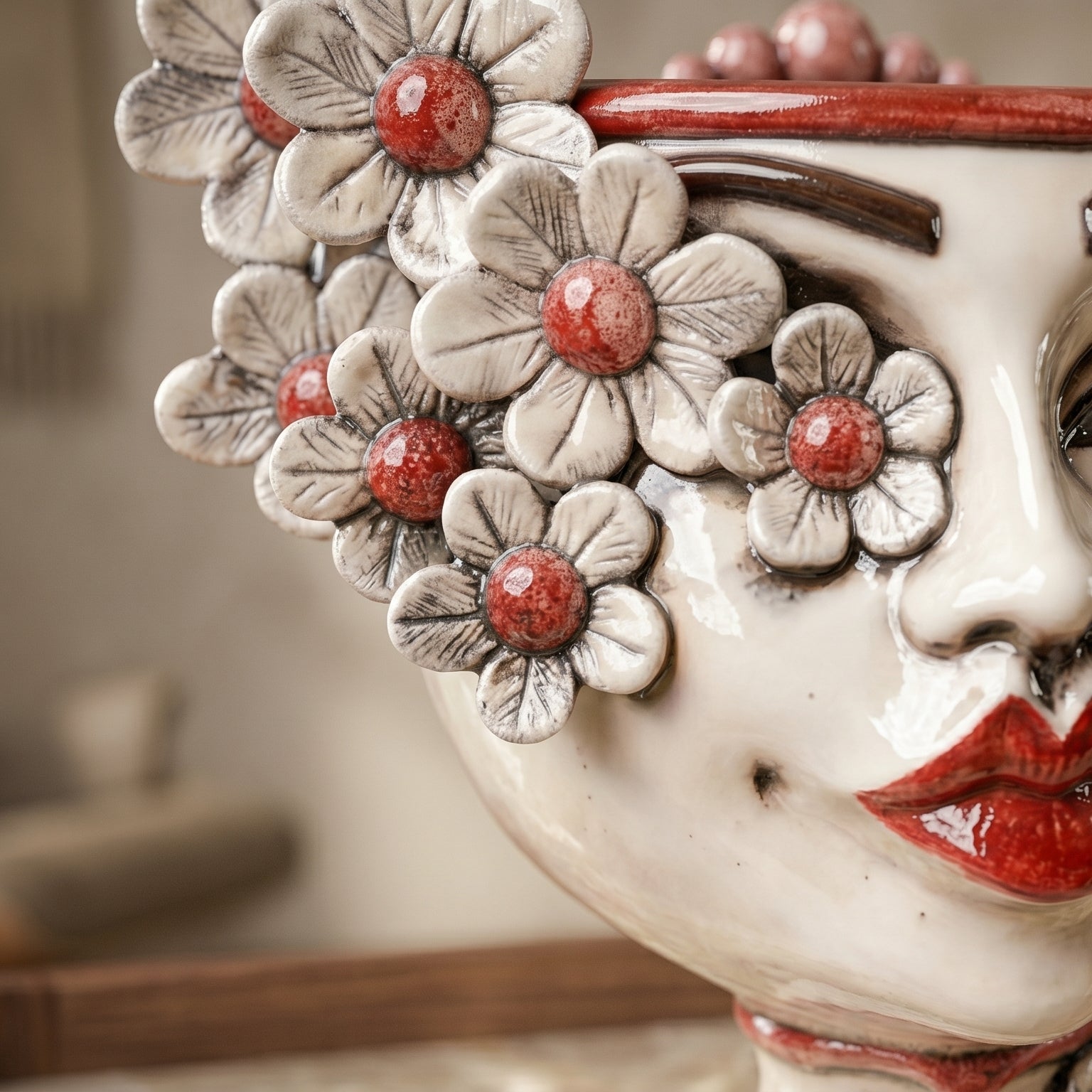 Head h 20 w/flowers w/expression red lips mother of pearl colored mono bordeaux female