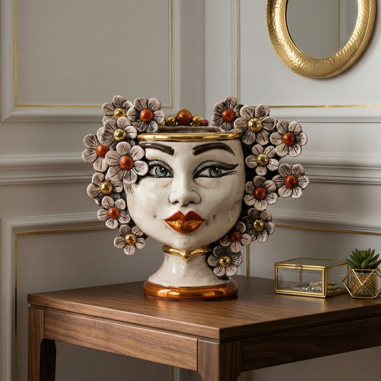 Head h 20 w/flowers w/expression mother of pearl gold and lustres female