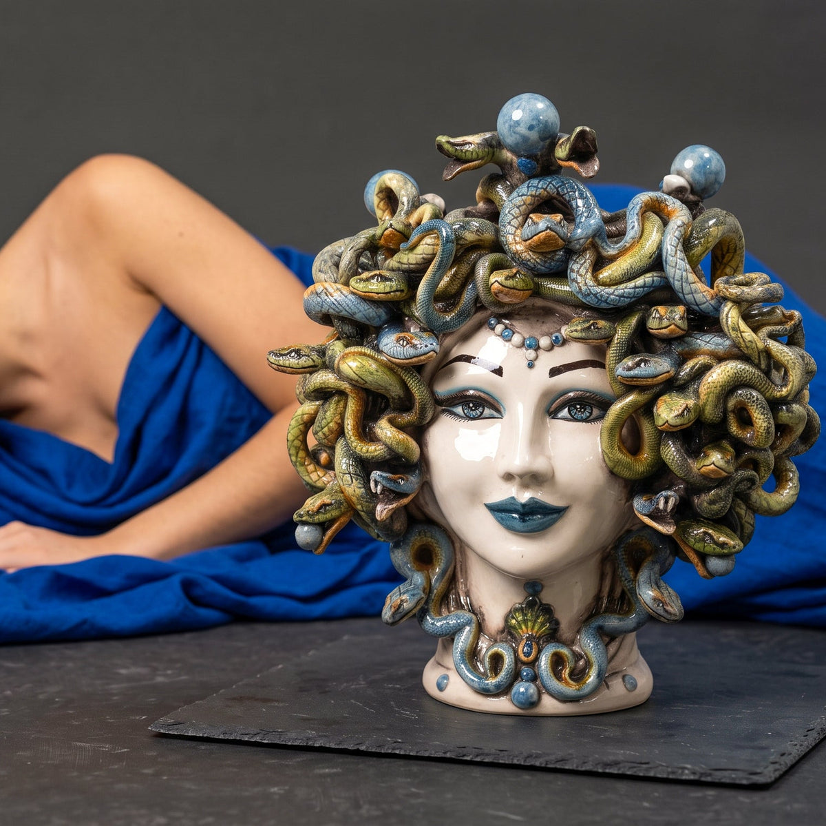Medusa Head Vase with Blue Beads H 30 cm / 11.8", Antique Mother of Pearl – Testa di Moro from Caltagirone, Sicily