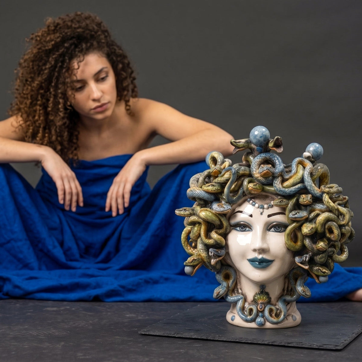Medusa Head Vase with Blue Beads H 30 cm / 11.8", Antique Mother of Pearl – Testa di Moro from Caltagirone, Sicily