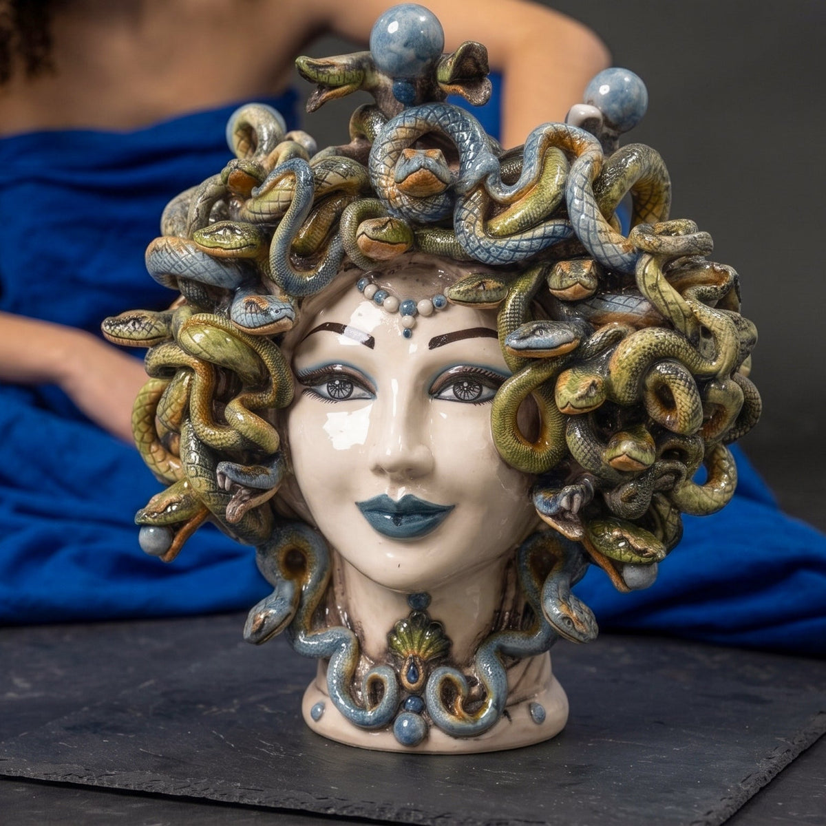 Medusa Head Vase with Blue Beads H 30 cm / 11.8", Antique Mother of Pearl – Testa di Moro from Caltagirone, Sicily