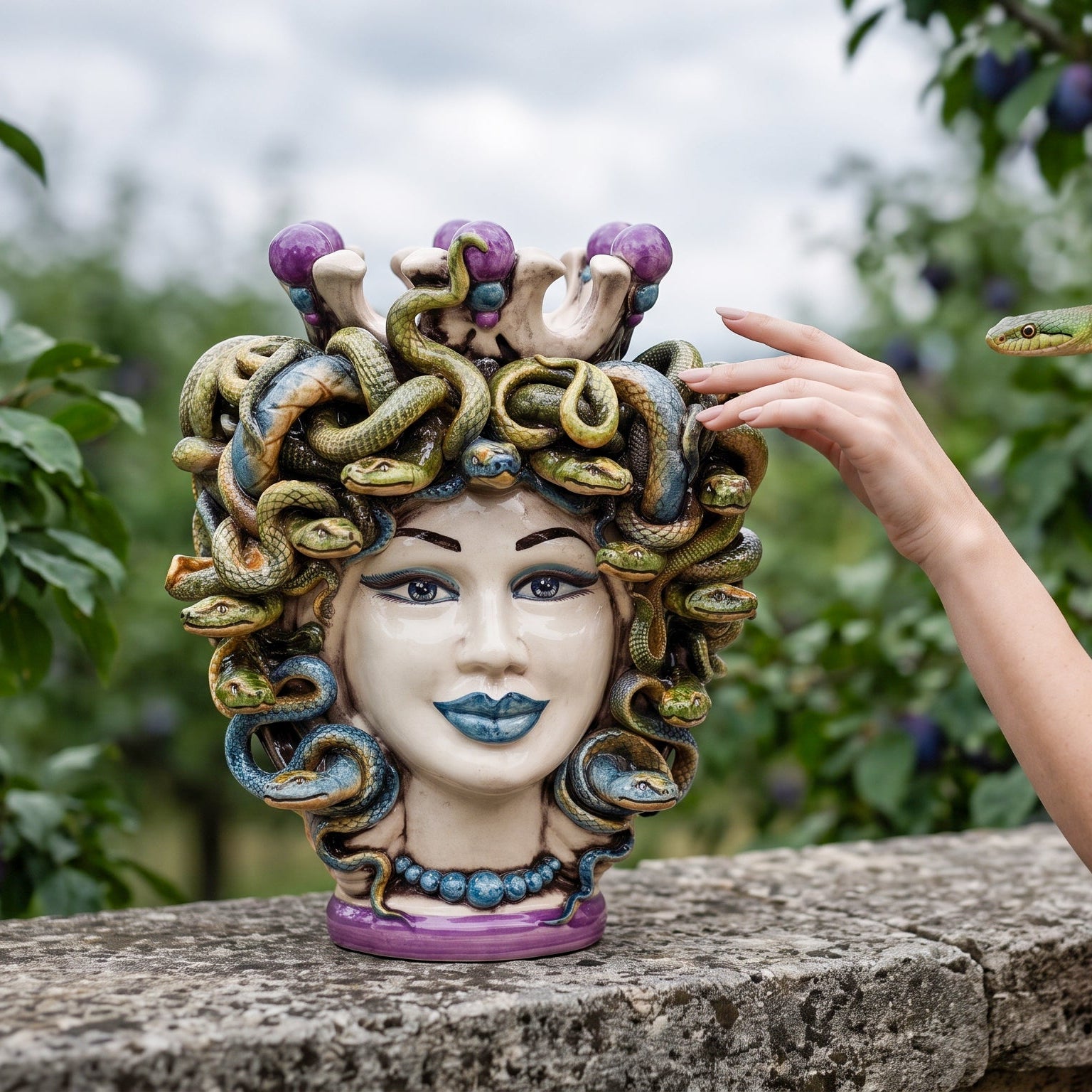 Testa di Moro Turban-Medusa H 25 cm / 9¾" — Perlmutt mit Glyzinien-Perlen | Sizilianische Keramik