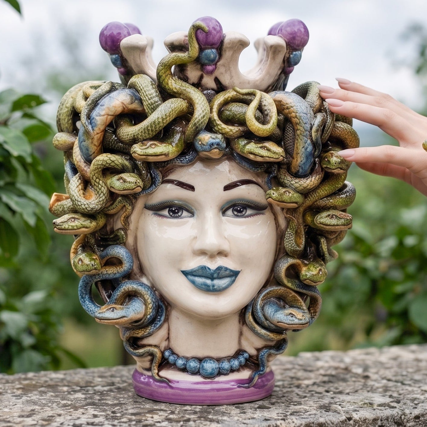 Testa di Moro Turban-Medusa H 25 cm / 9¾" — Perlmutt mit Glyzinien-Perlen | Sizilianische Keramik