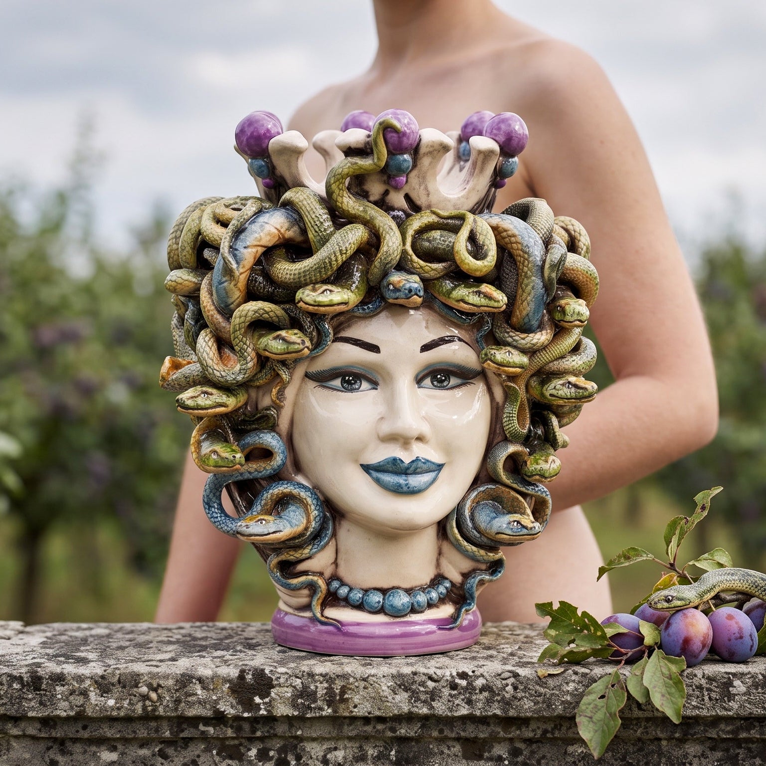 Testa di Moro Turban-Medusa H 25 cm / 9¾" — Perlmutt mit Glyzinien-Perlen | Sizilianische Keramik