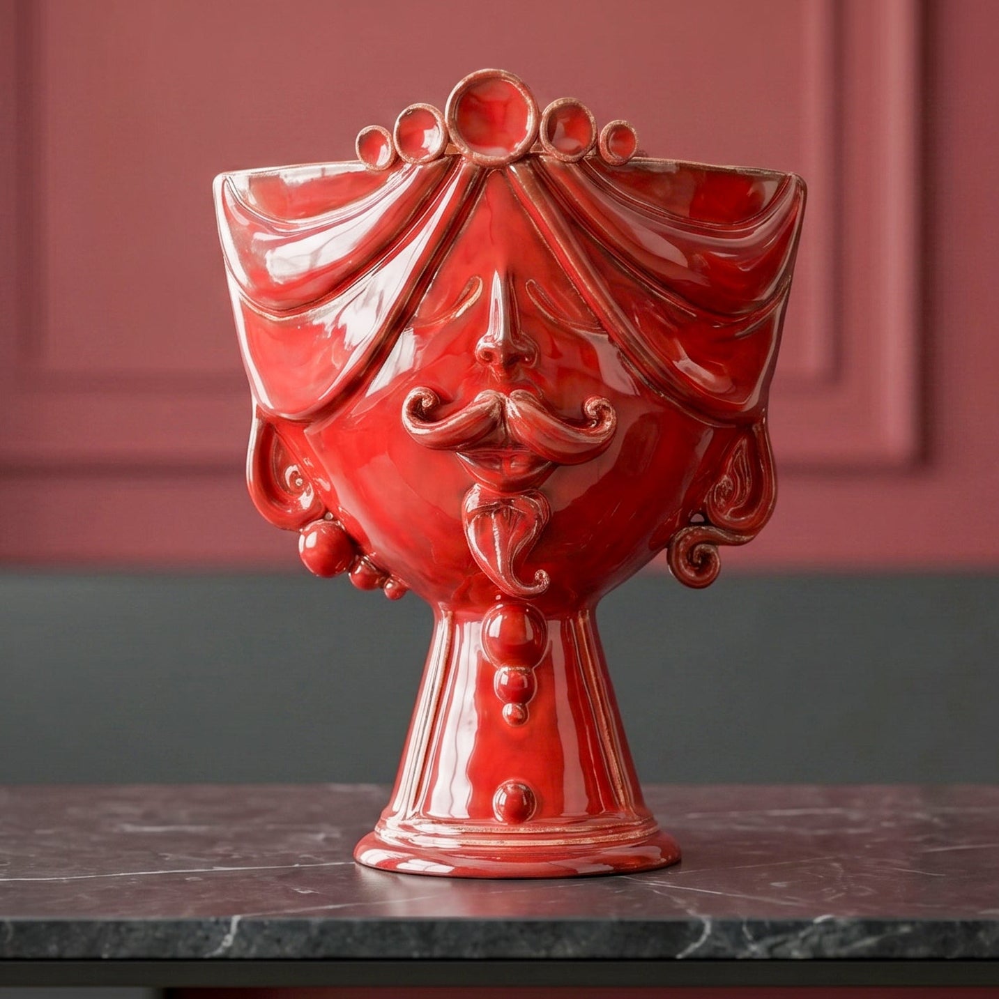 Tête de Maure Zahira H 30 cm – Homme, Rouge Feu – Tête de Maure de Caltagirone, Sicile