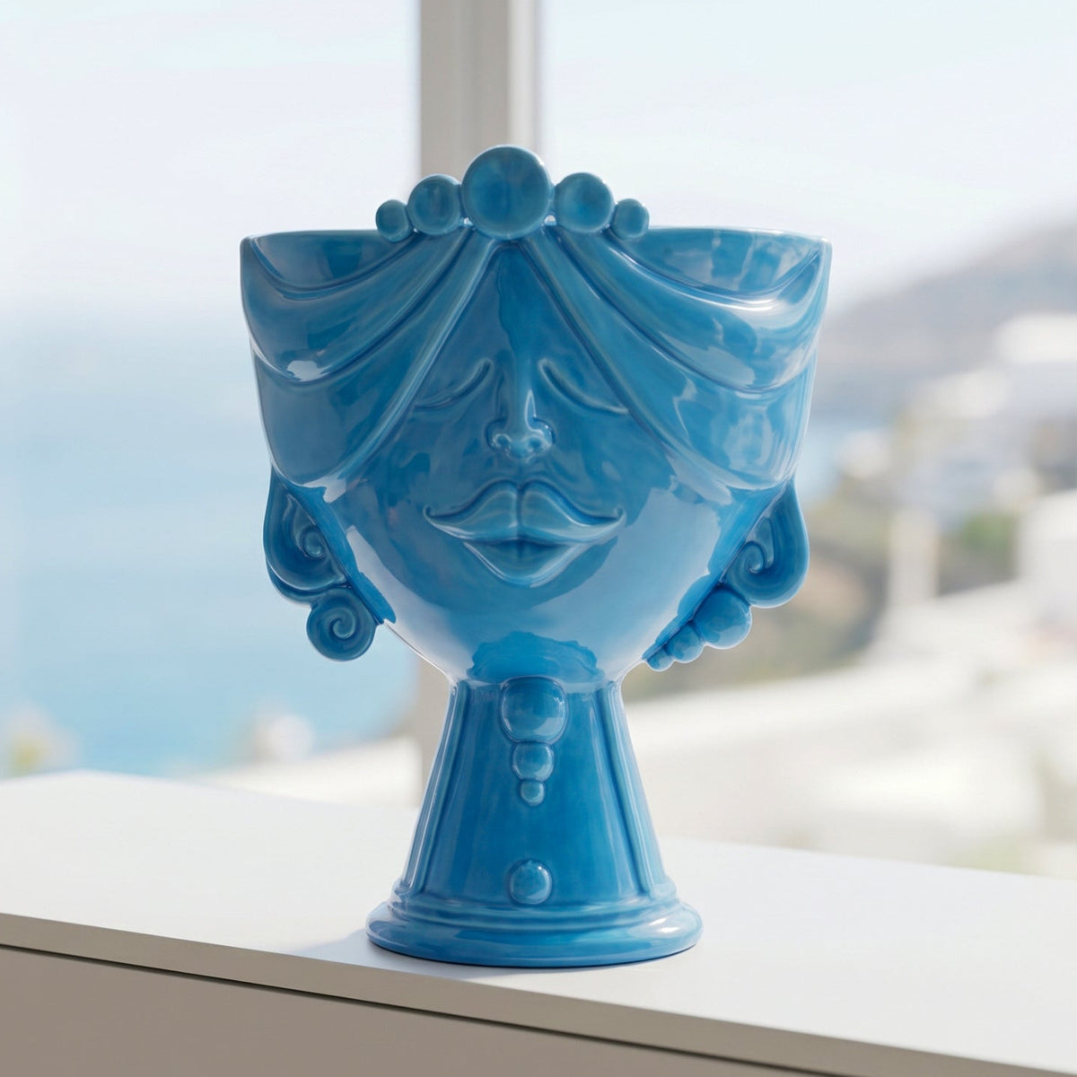 Tête de Maure Zahira H 30 cm – Femme, Turquoise – Tête de Maure de Caltagirone, Sicile