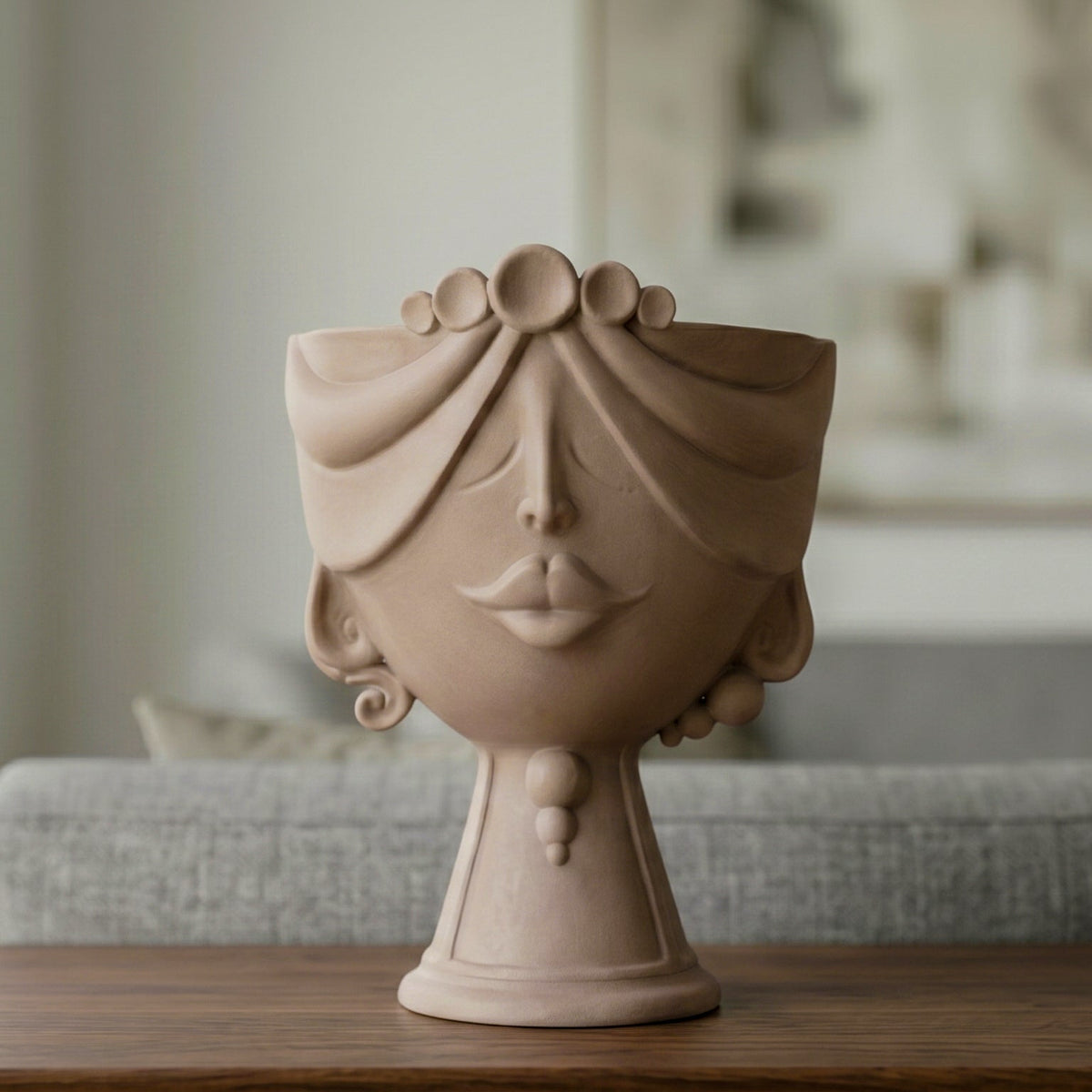Tête de Maure Zahira H 30 cm – Femme, Taupe Mat – Céramique Caltagirone – tradition sicilienne