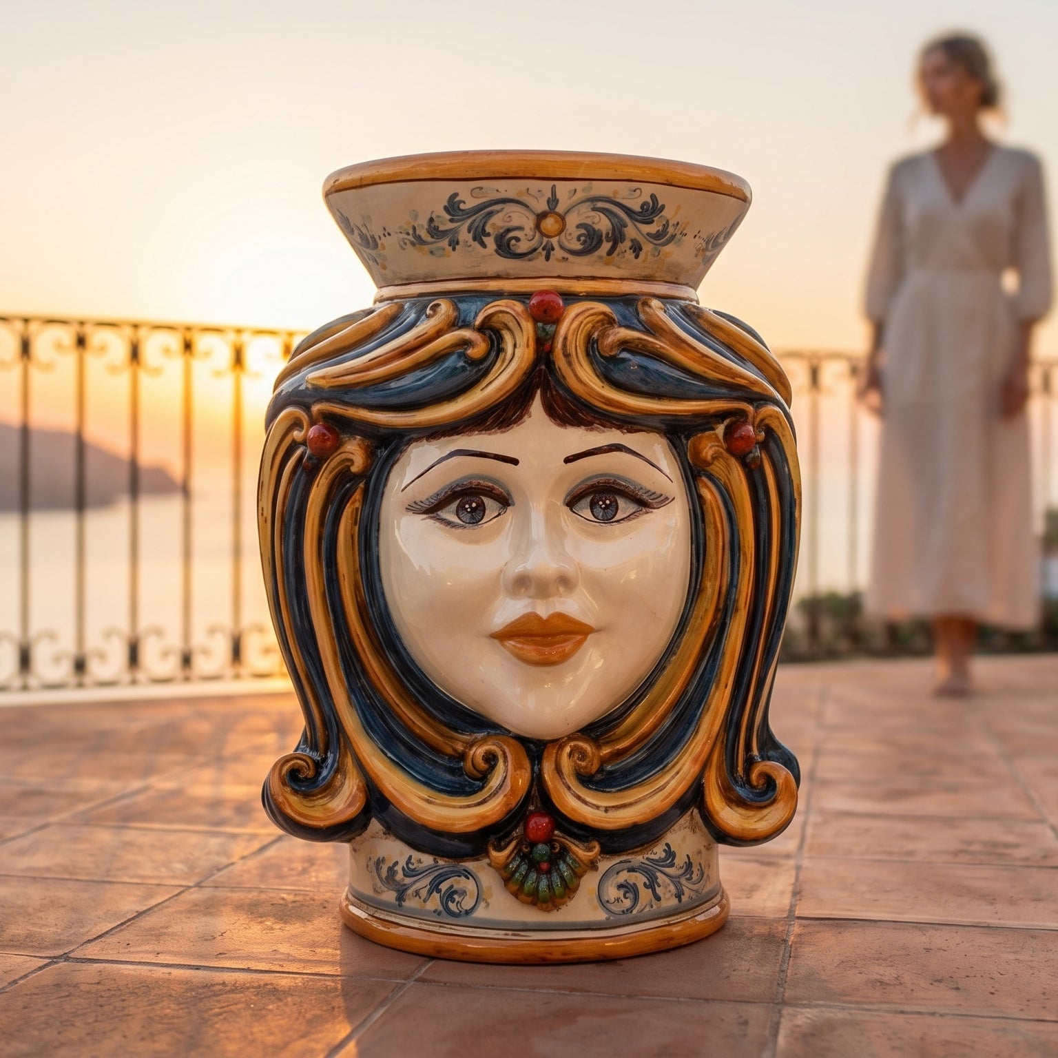 Puf Cerámica Siciliana, Azul y Naranja – Cerámica Caltagirone – tradición artesanal siciliana