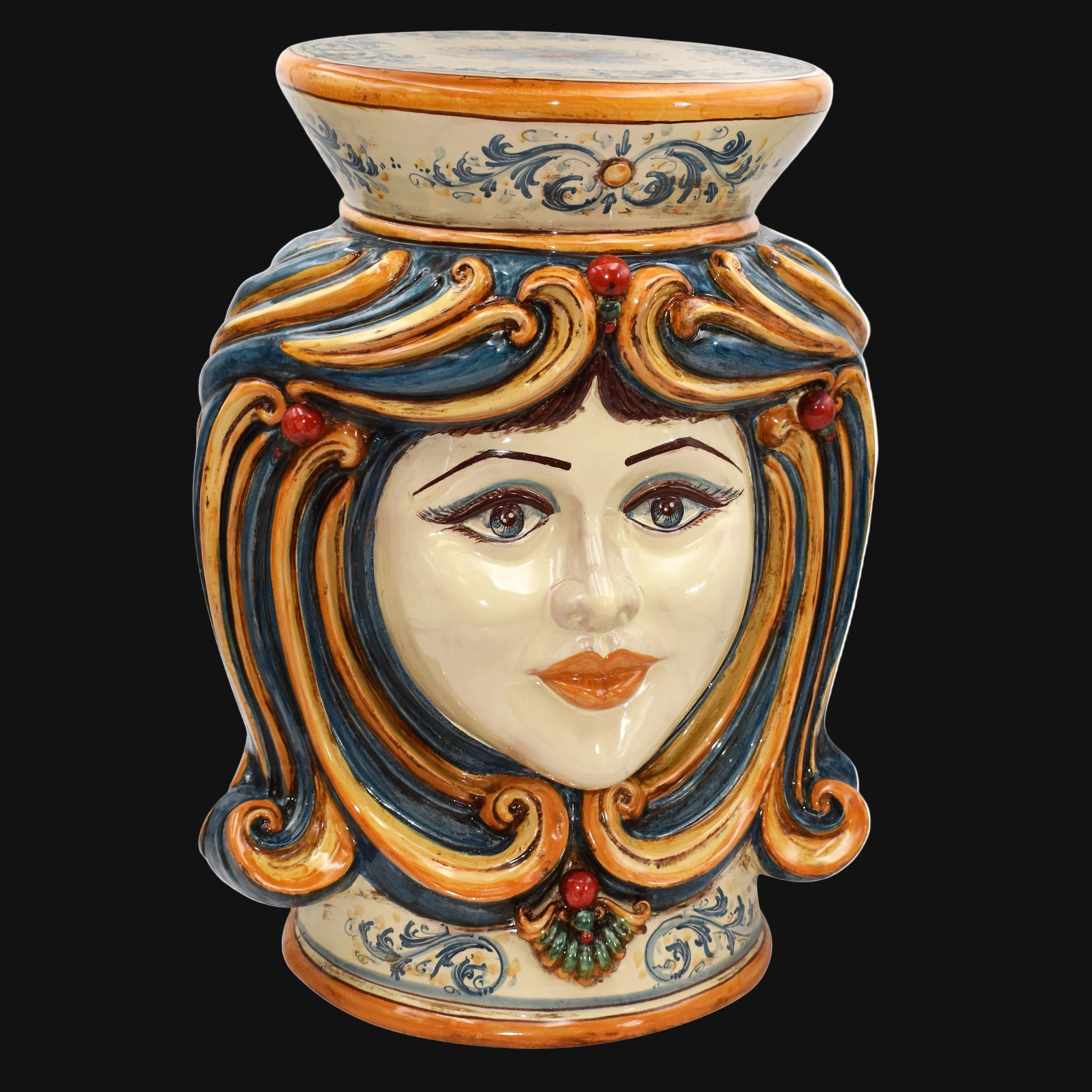Puf Cerámica Siciliana, Azul y Naranja – Cerámica Caltagirone – tradición artesanal siciliana