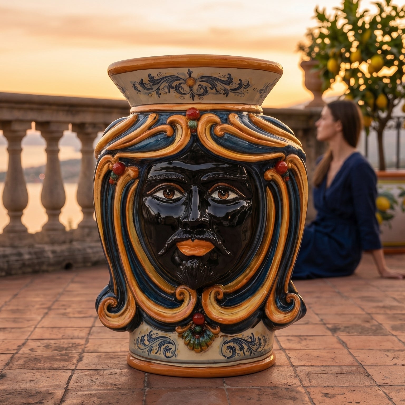 Puf Cerámica Siciliana, Azul y Naranja – Cerámica Caltagirone – tradición artesanal siciliana