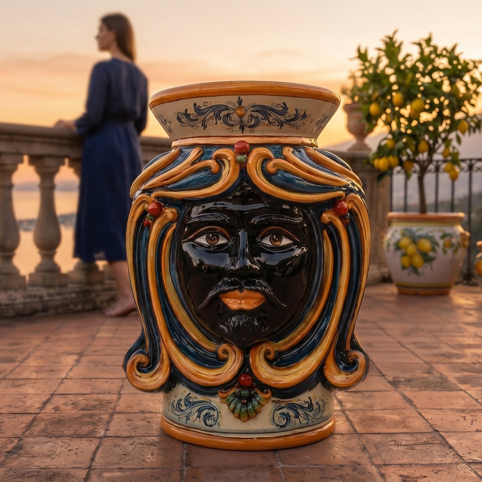 Sicilian Ceramic Ottoman, Blue and Orange – Caltagirone Ceramic – Sicilian artisan tradition