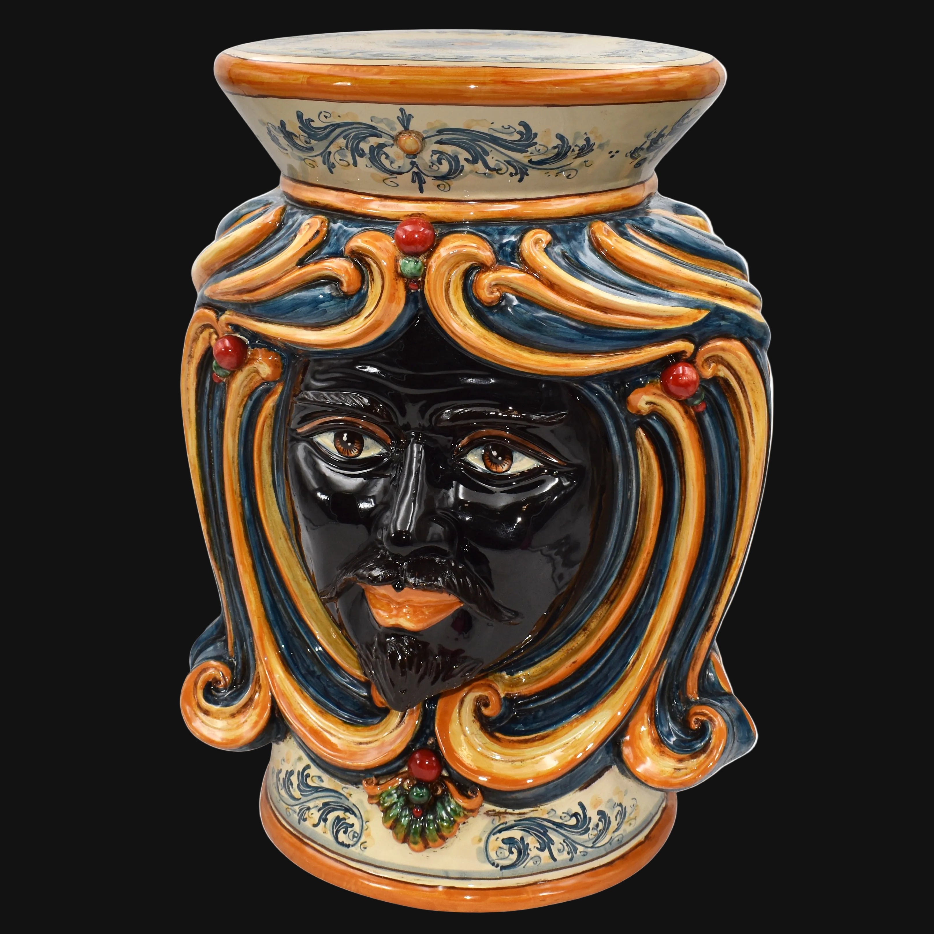 Puf Cerámica Siciliana, Azul y Naranja – Cerámica Caltagirone – tradición artesanal siciliana