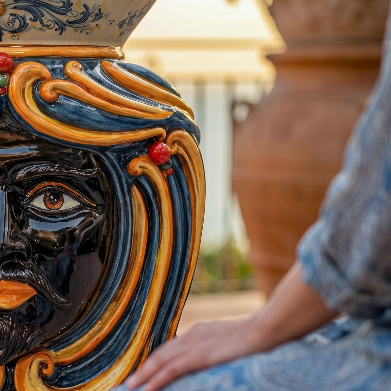 Puf Cerámica Siciliana, Azul y Naranja – Cerámica Caltagirone – tradición artesanal siciliana