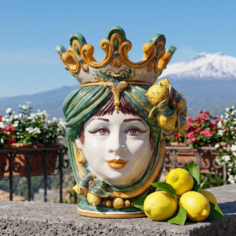 Mohrenkopf mit Zitronen H 40 cm, Frau, Grün und Orange – Testa di Moro aus Caltagirone, Sizilien