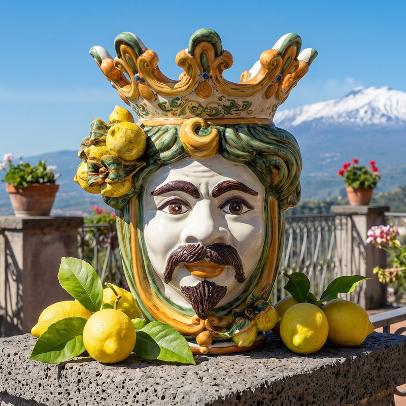 Moor's Head Vase with Lemons H 40 cm / 15.7", White Man, Green and Orange – Testa di Moro from Caltagirone, Sicily