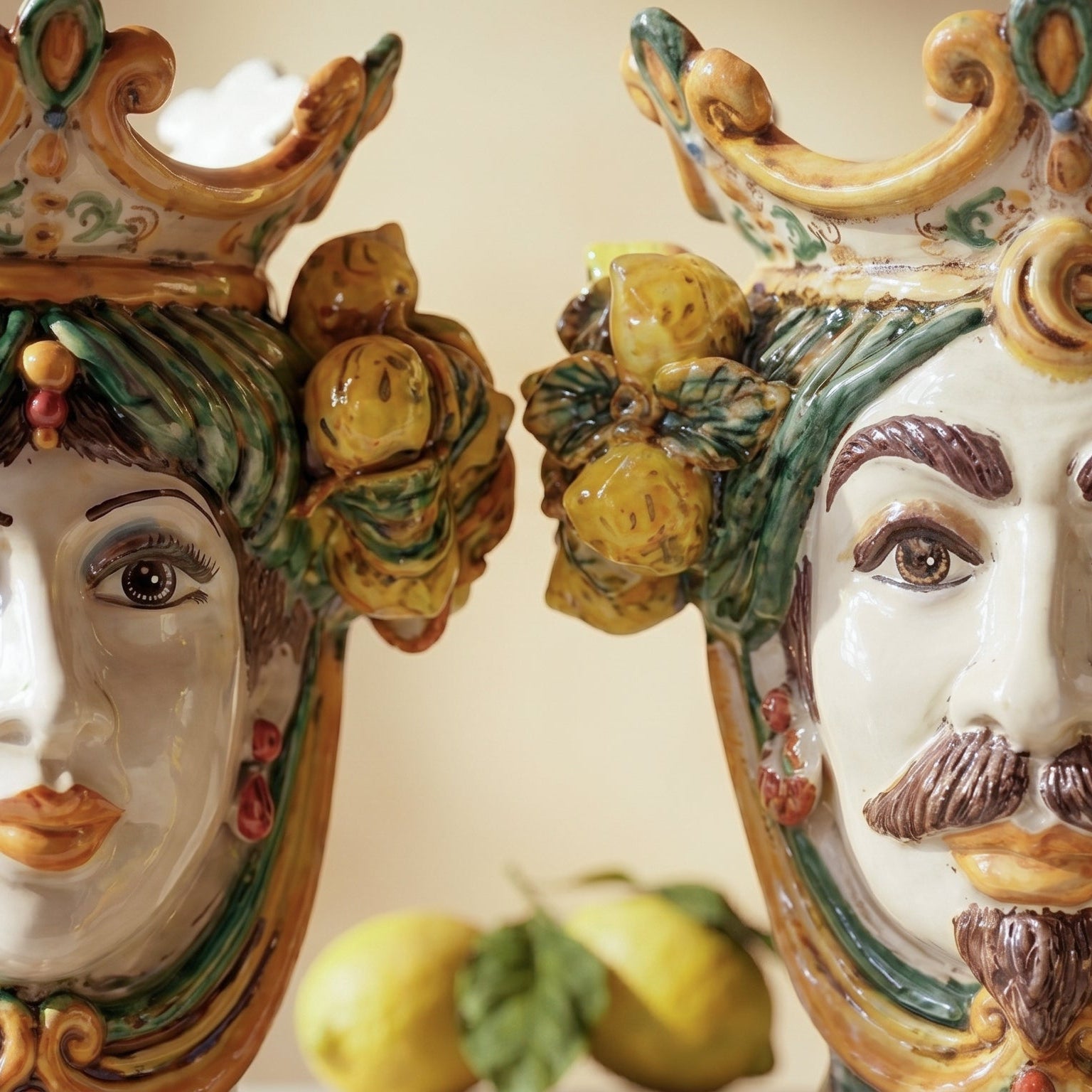 Sicilian Moor's Head with Lemons H 25 cm / 9.8", White Man, Green and Orange – Testa di Moro from Caltagirone, Sicily
