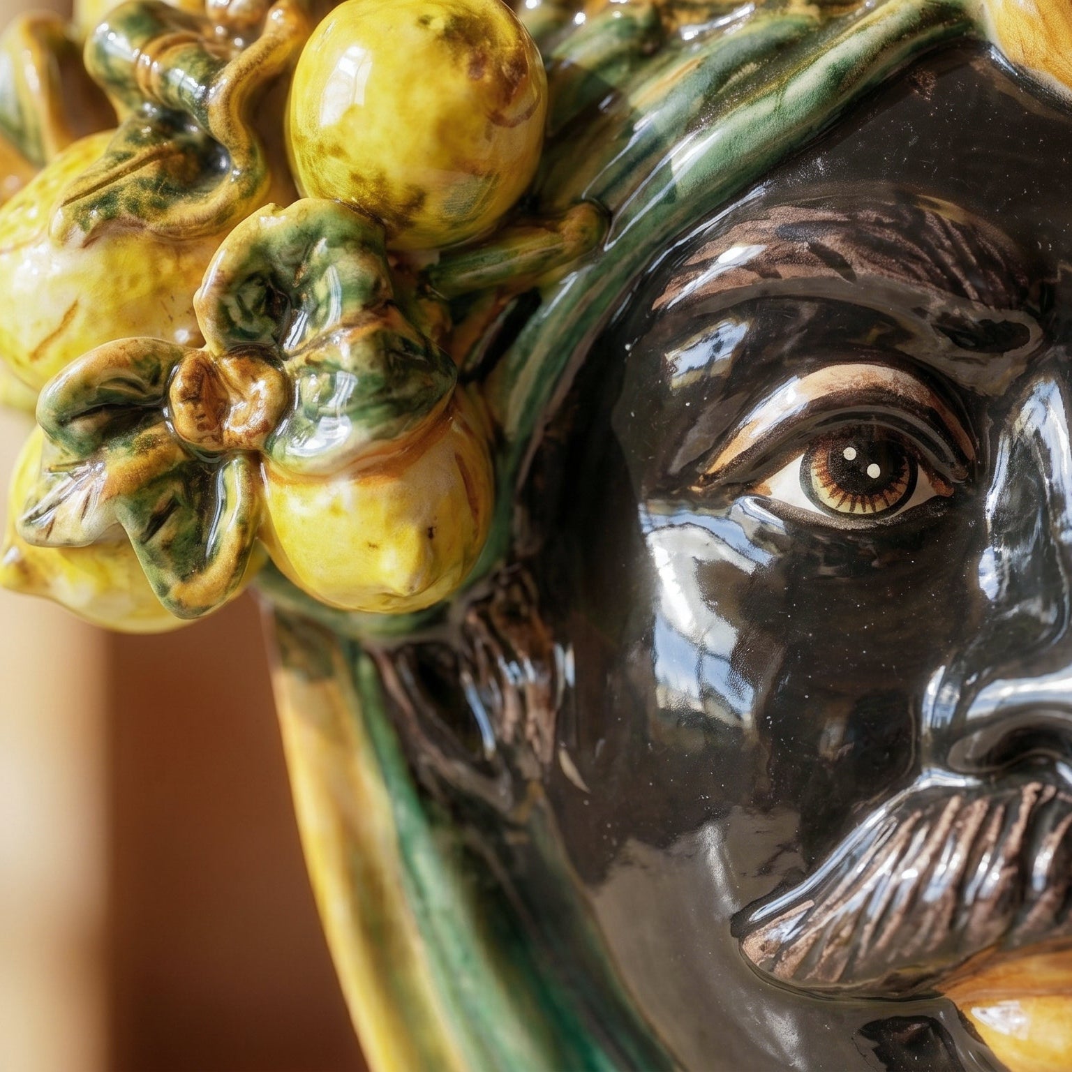 Sicilian Head Vase with Lemons H 25 cm / 9.8", Moro Man, Green and Orange – Testa di Moro from Caltagirone, Sicily