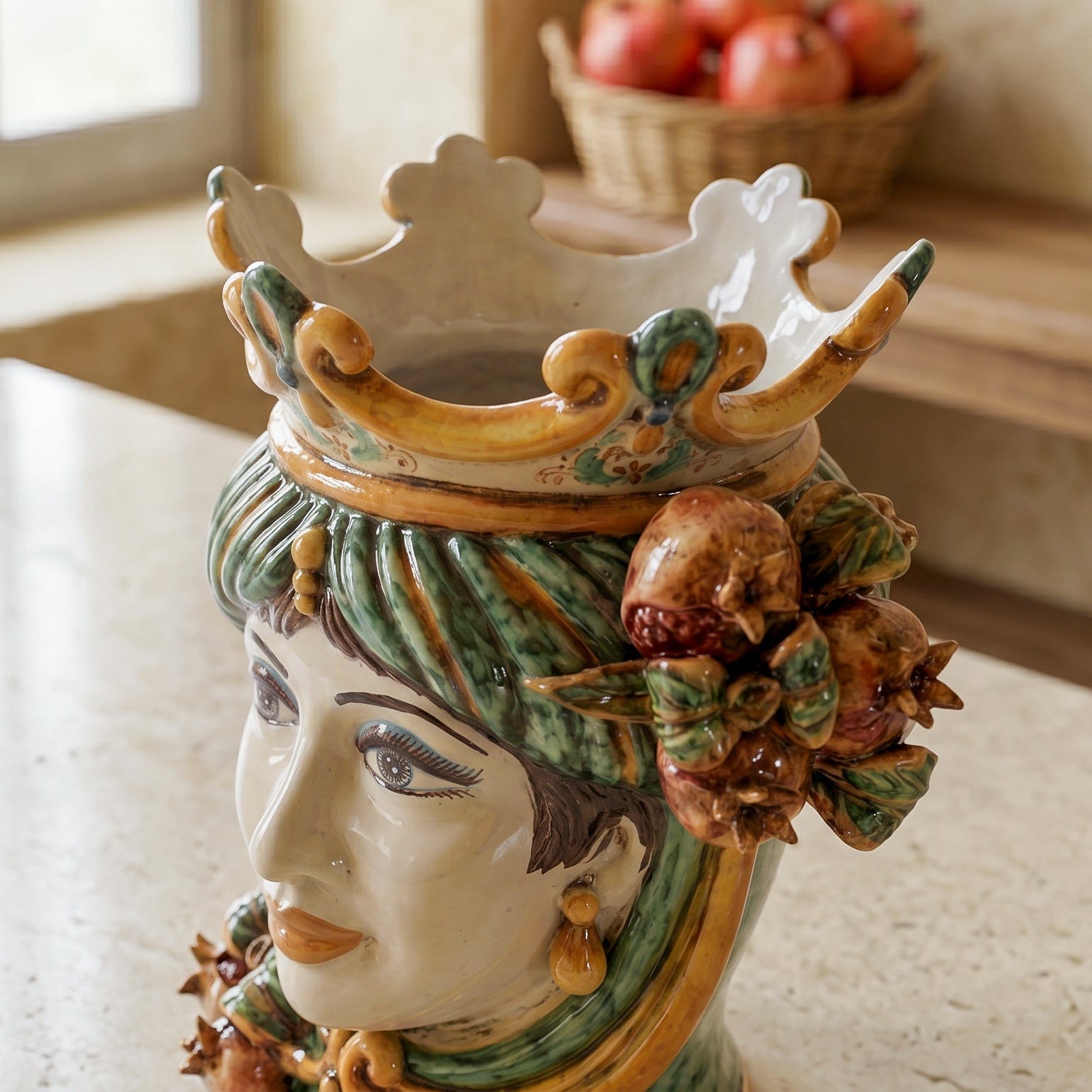 Sicilian Head Vase with Pomegranates H 25 cm / 9.8", Woman, Green and Orange – Testa di Moro from Caltagirone, Sicily