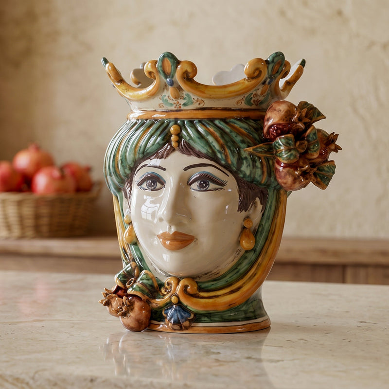 Caltagirone Keramik Maurenkopf-Vase mit Granatäpfeln H 25 cm — Frau, Grün und Orange
