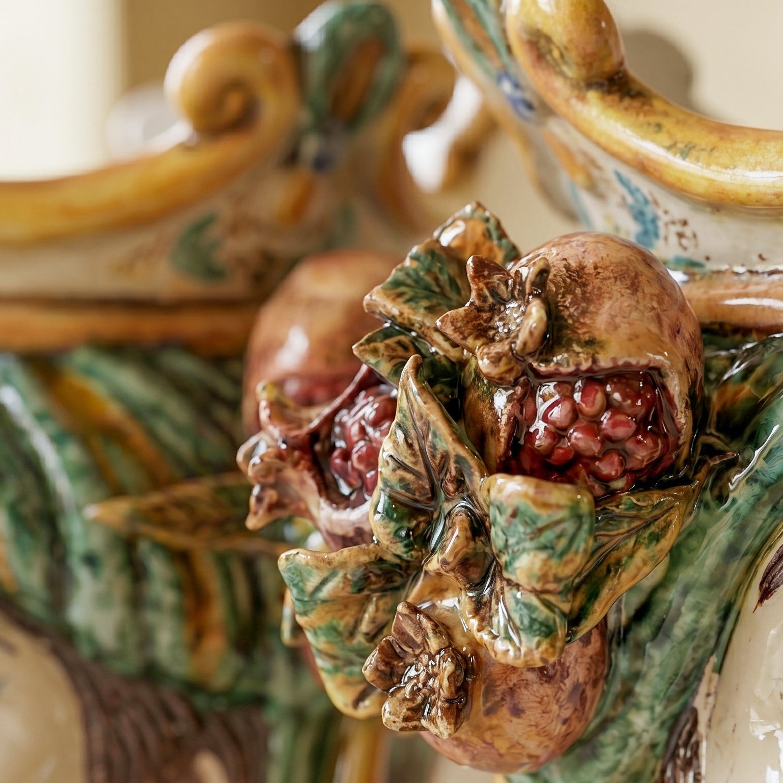 Sicilian Head Vase with Pomegranates H 25 cm / 9.8", Woman, Green and Orange – Testa di Moro from Caltagirone, Sicily