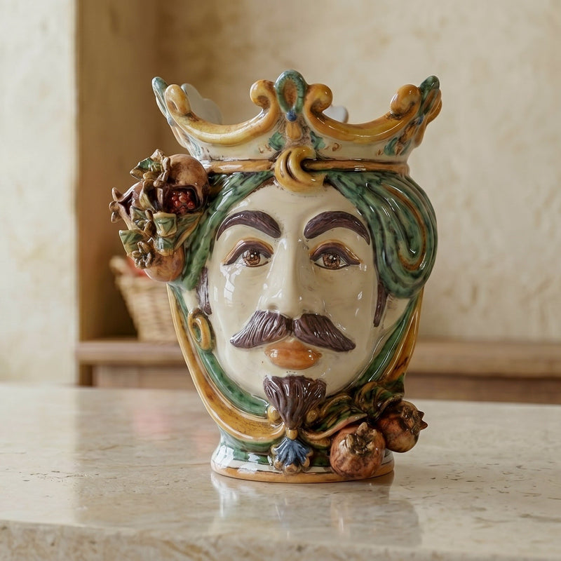 Caltagirone Keramik Maurenkopf-Vase mit Granatäpfeln H 25 cm — Weißer Mann, Grün und Orange