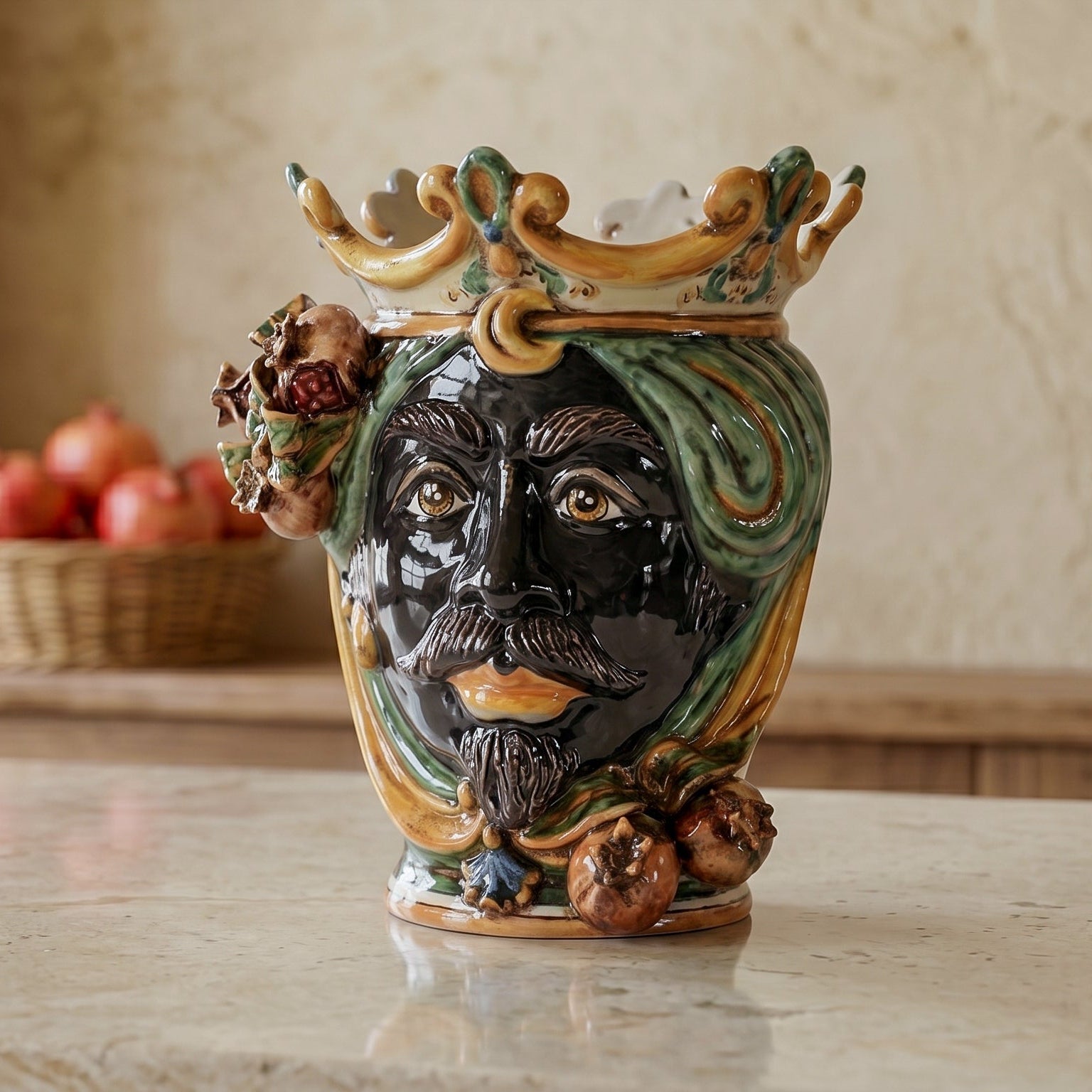 Ceramic Head with pomegranate h 25 green/orange male