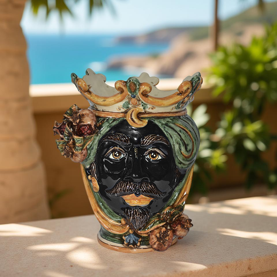 Ceramic Head with pomegranate h 25 green/orange male